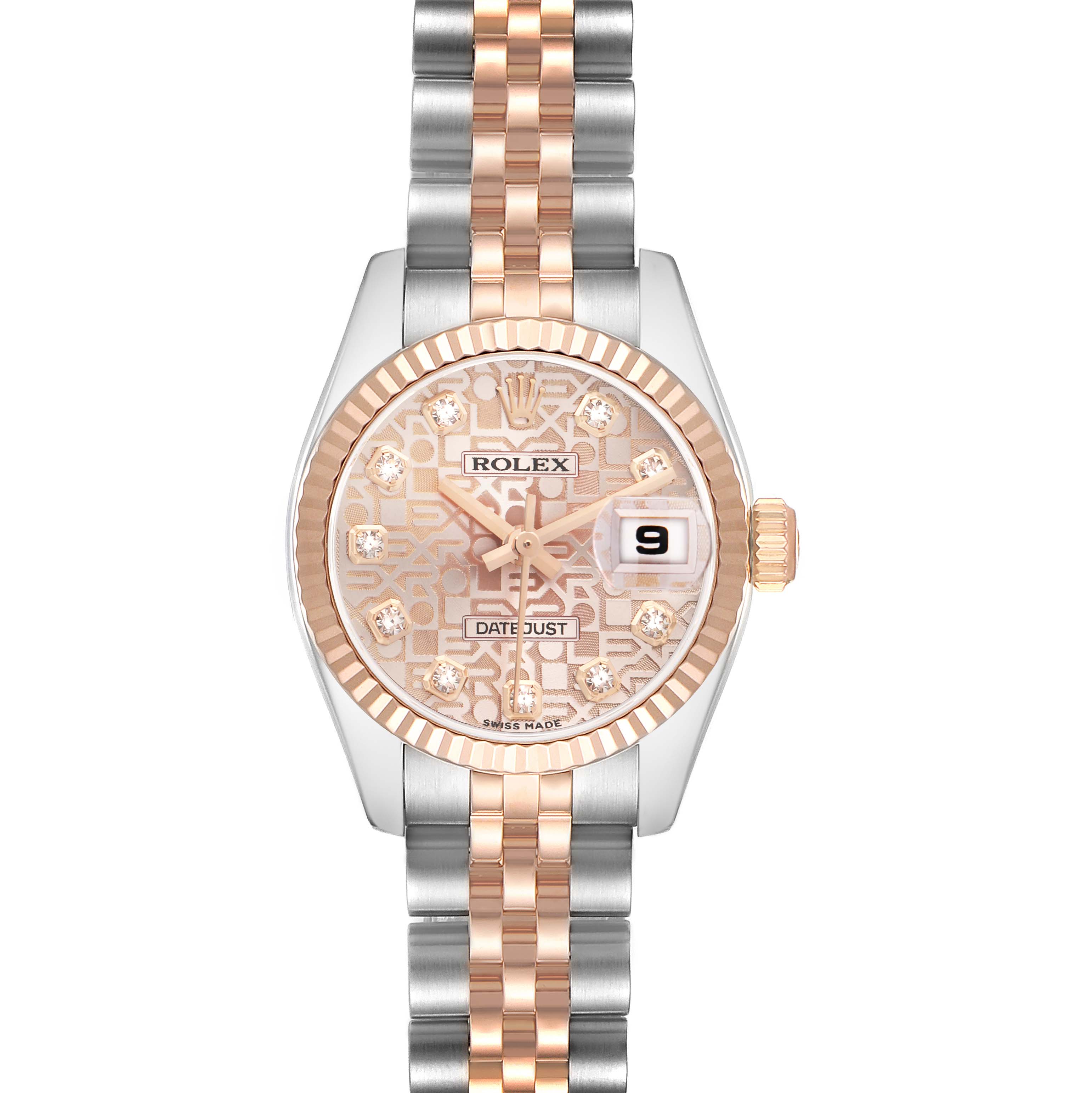 The Rolex Datejust 179171 Women
s Steel and Gold (two tone) Pink Dial watch is shown from the front, displaying its face, bracelet, dial, and date window.