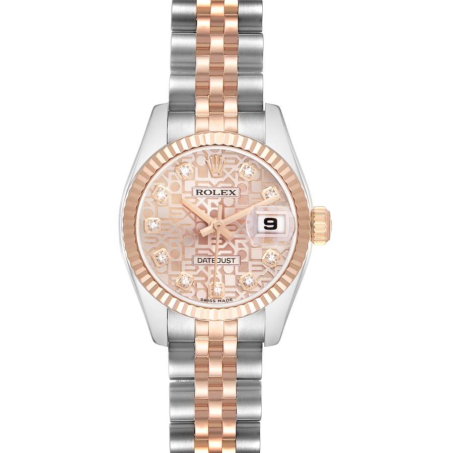 The image shows a frontal view of the Rolex Datejust model 179171, highlighting the dial, bezel, bracelet, and crown.