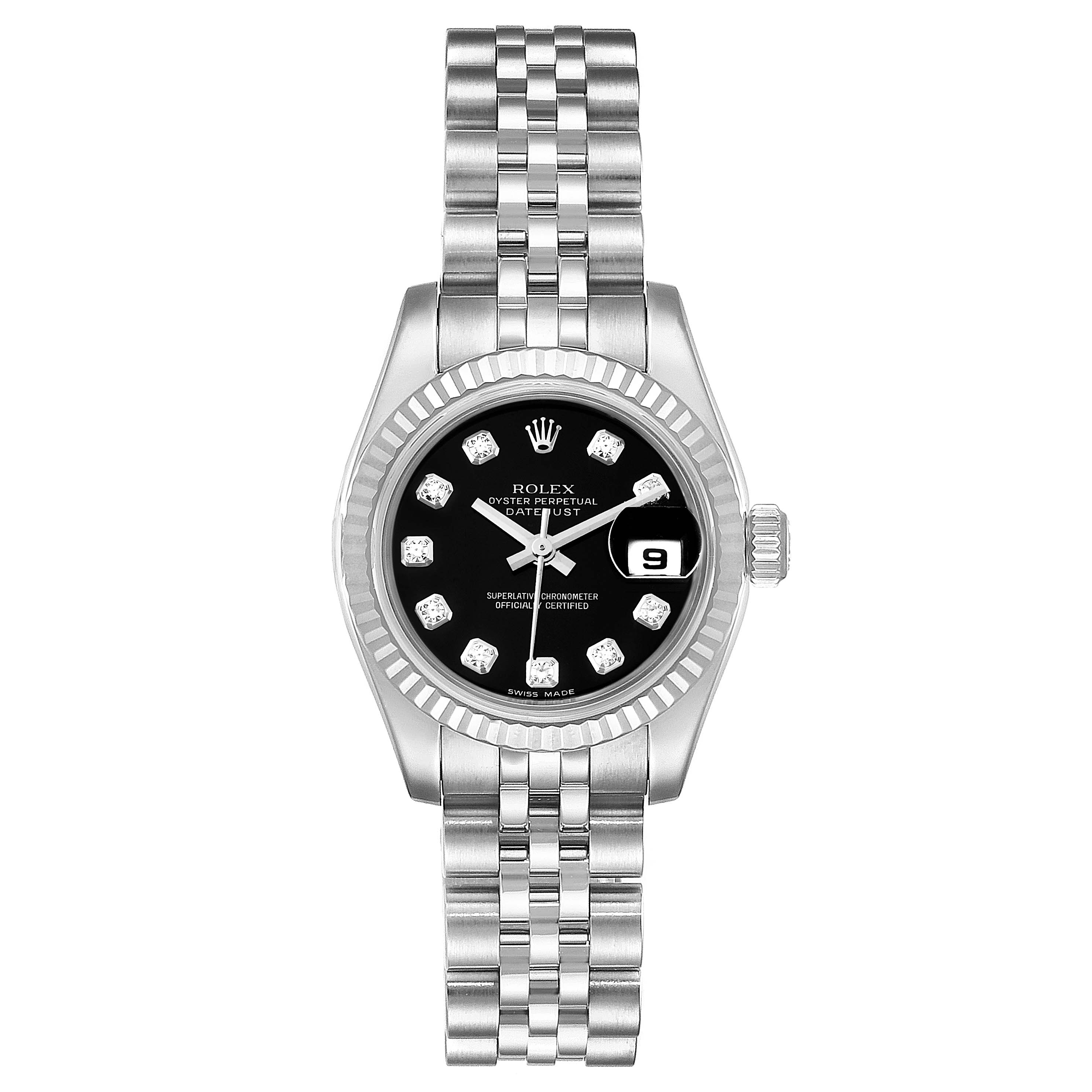 This image shows a frontal view of the Rolex Datejust 179174 Women's Stainless Steel Black Dial 179174 Women's Stainless Steel Black Dial watch, highlighting the black dial, date window, and jubilee bracelet.