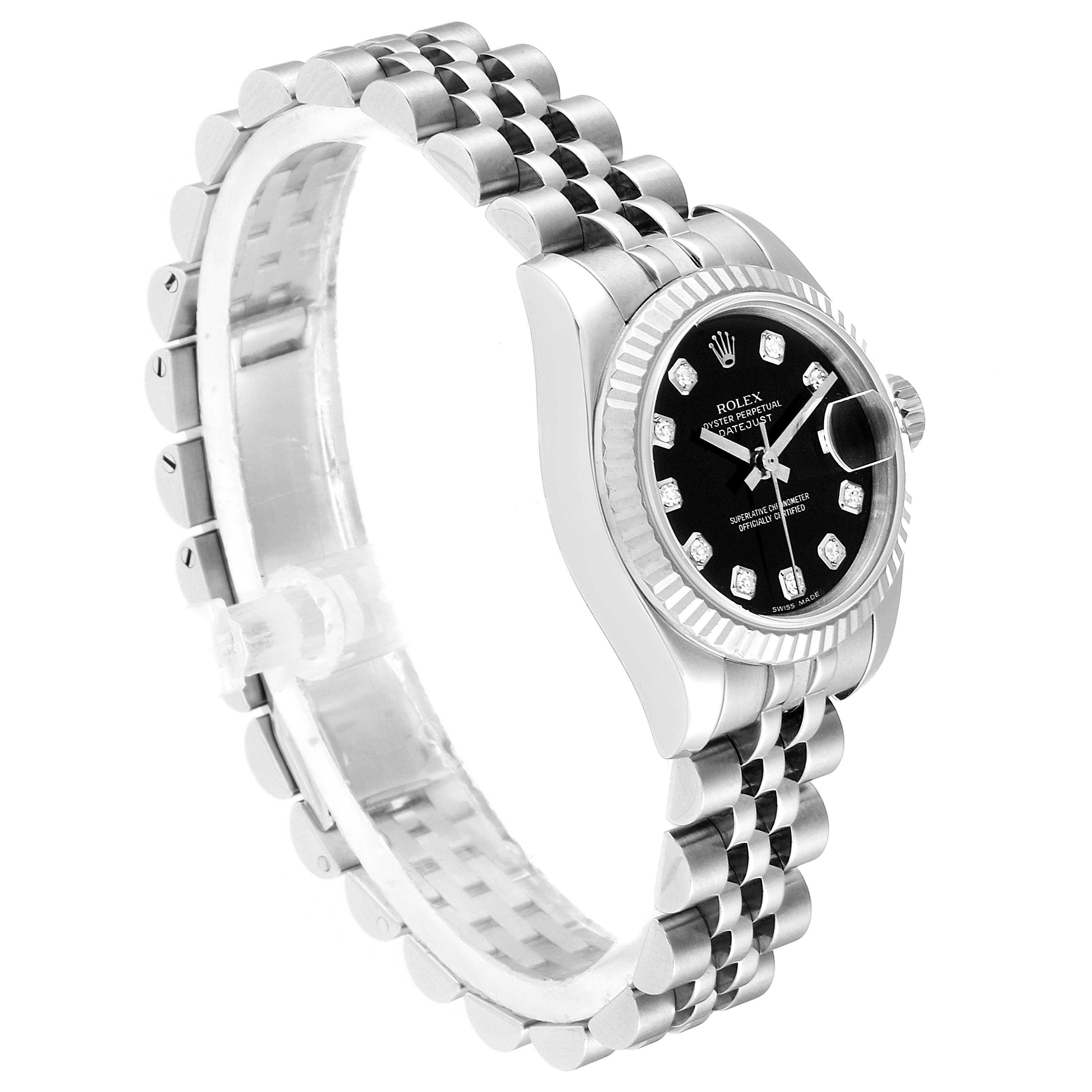 The image shows a 3/4 angle view of a Rolex Datejust 179174 Women's Stainless Steel Black Dial 179174 Women's Stainless Steel Black Dial watch, highlighting its bracelet, case, dial, and fluted bezel.