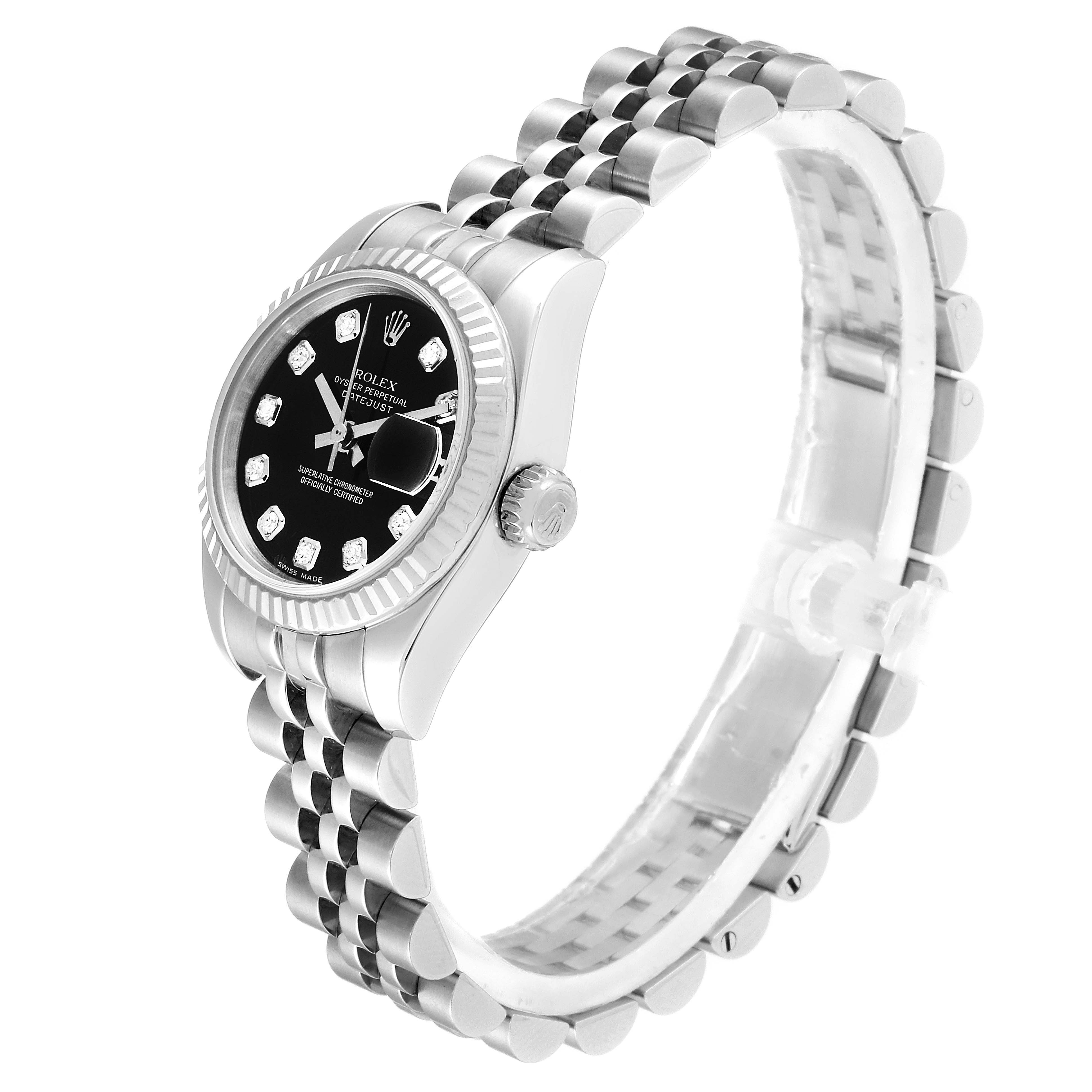 The Rolex Datejust 179174 Women's Stainless Steel Black Dial 179174 Women's Stainless Steel Black Dial watch is shown from a side angle, highlighting the face, bezel, crown, and jubilee bracelet.