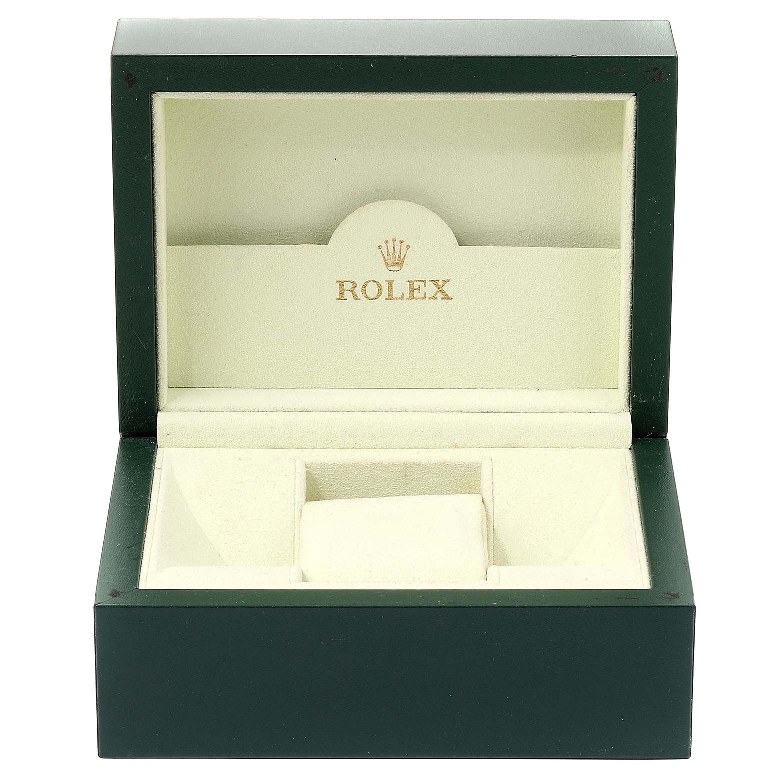 The image shows an open Rolex Datejust 179174 Women's Stainless Steel Black Dial 179174 Women's Stainless Steel Black Dial watch box, focusing on the interior with the Rolex logo visible.
