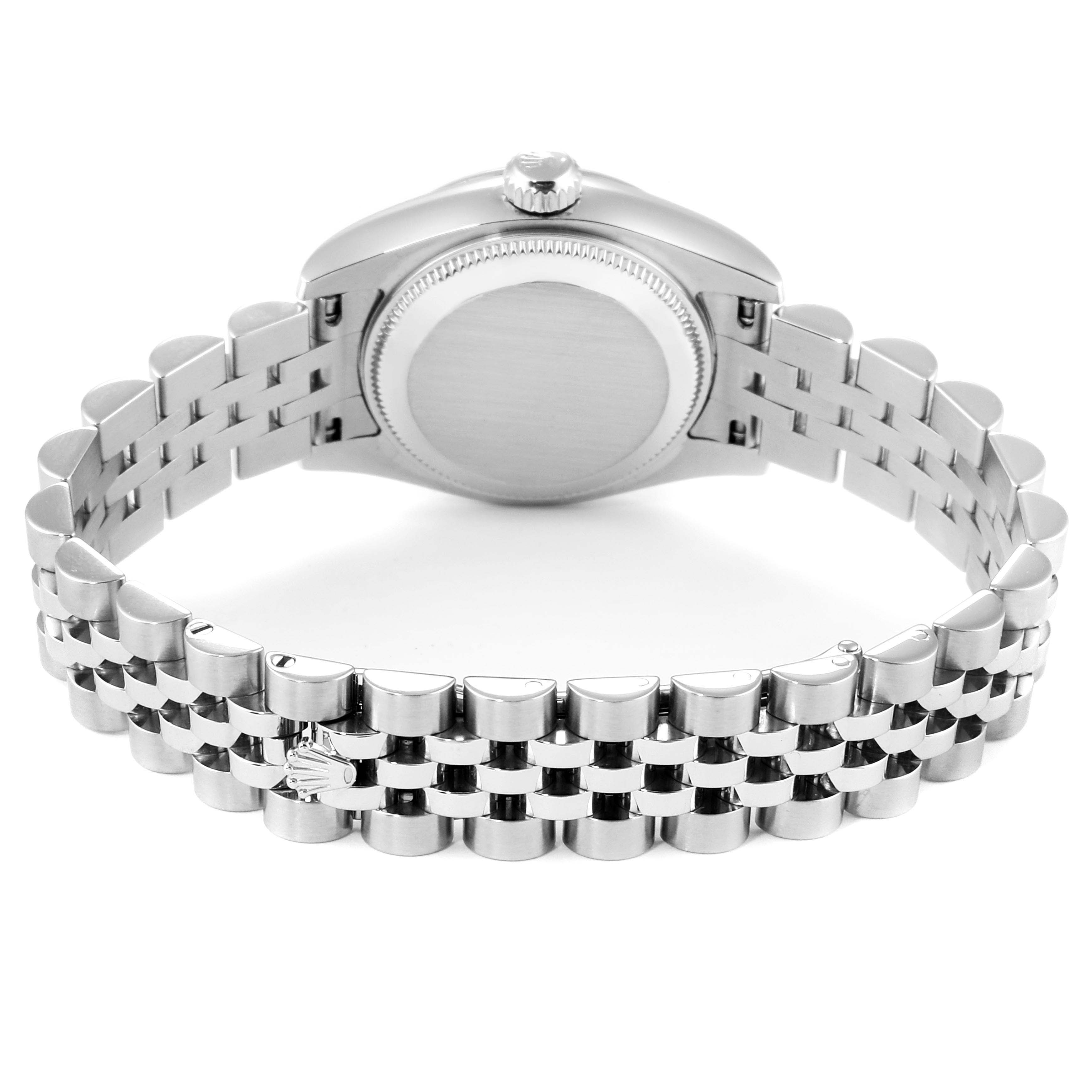 The image shows the back view of a Rolex Datejust 179174 Women's Stainless Steel Black Dial 179174 Women's Stainless Steel Black Dial watch, highlighting the case back and the Jubilee bracelet.