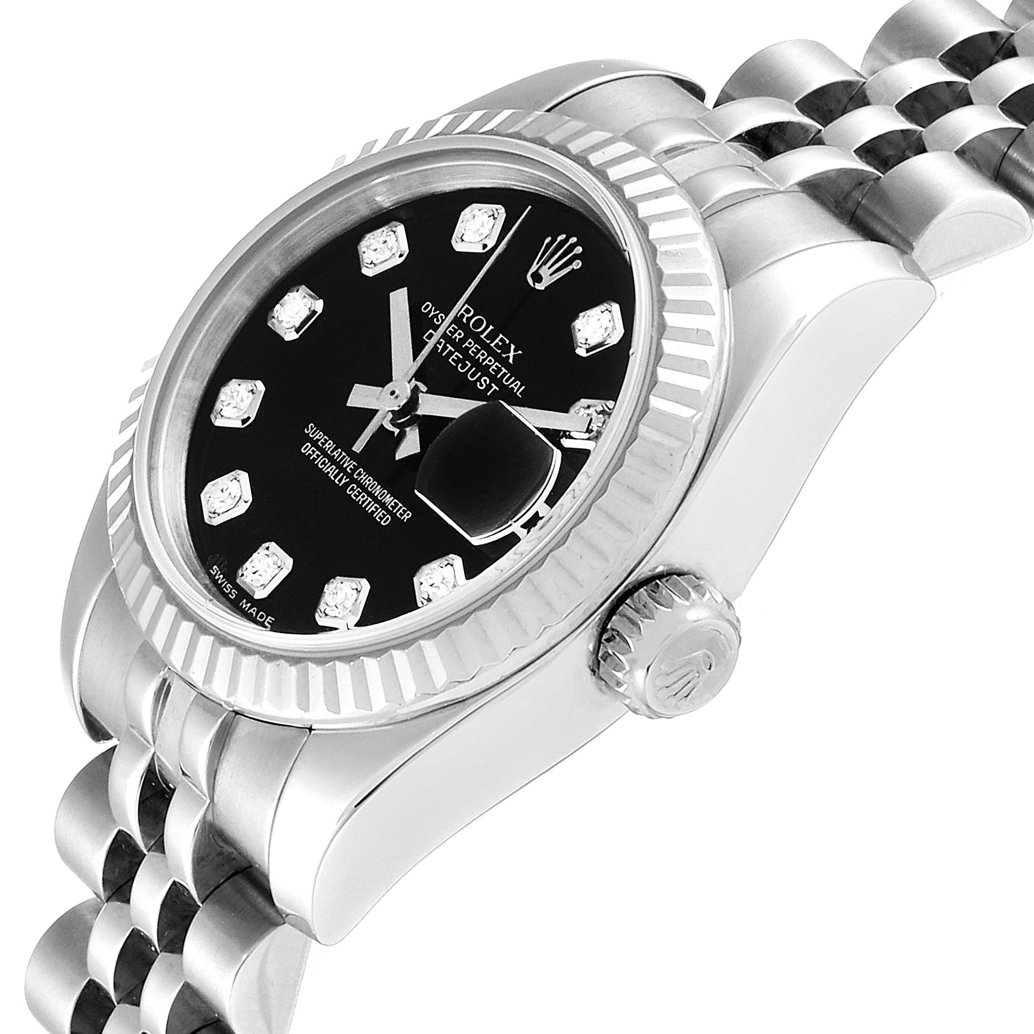 The image shows a close-up side angle of a Rolex Datejust 179174 Women's Stainless Steel Black Dial 179174 Women's Stainless Steel Black Dial watch, highlighting its dial, bezel, crown, and part of the bracelet.