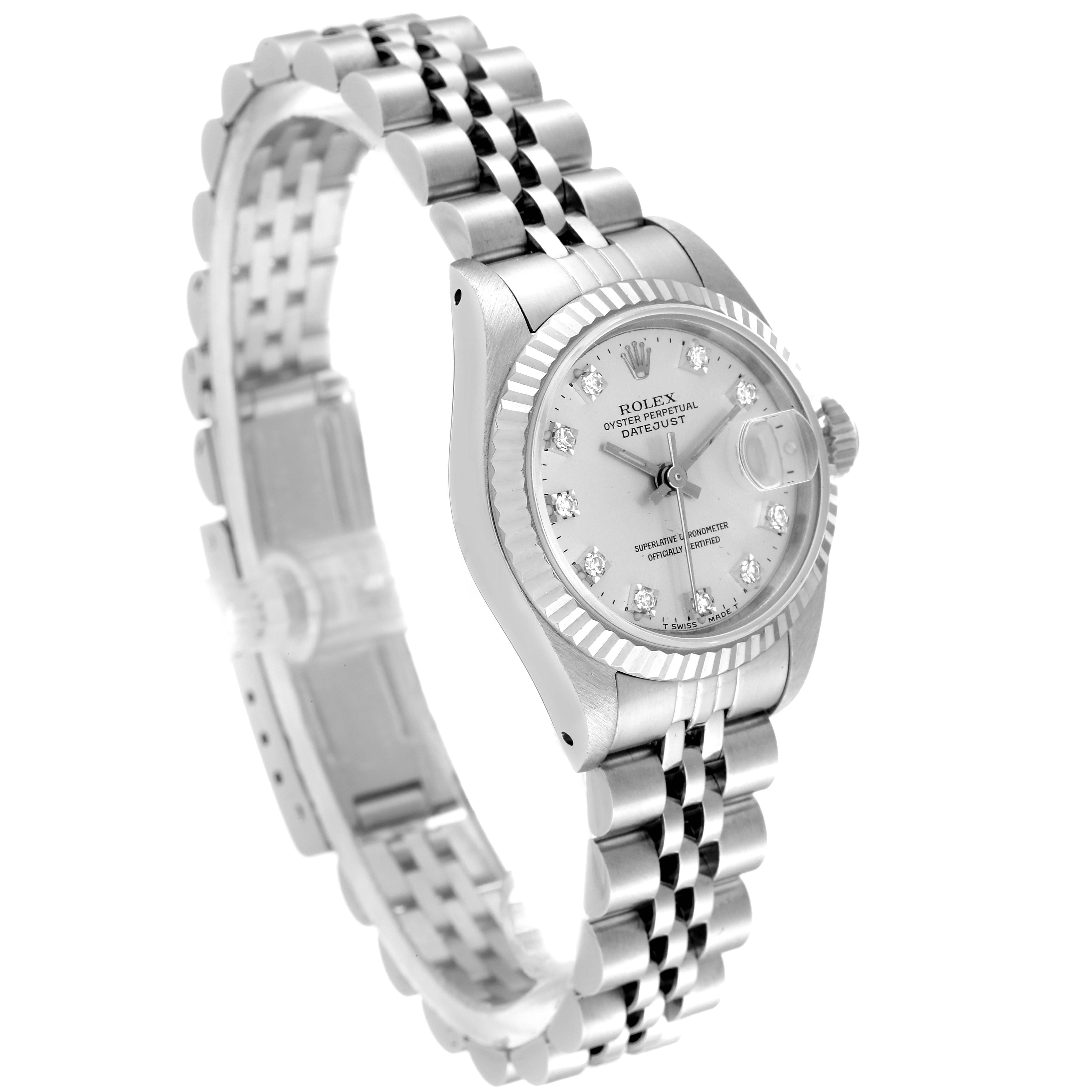 The Rolex Datejust 69174 Women's Stainless Steel Silver Dial 69174 Women's Stainless Steel Silver Dial watch is shown at a three-quarter angle, highlighting the dial, bezel, and Jubilee bracelet.