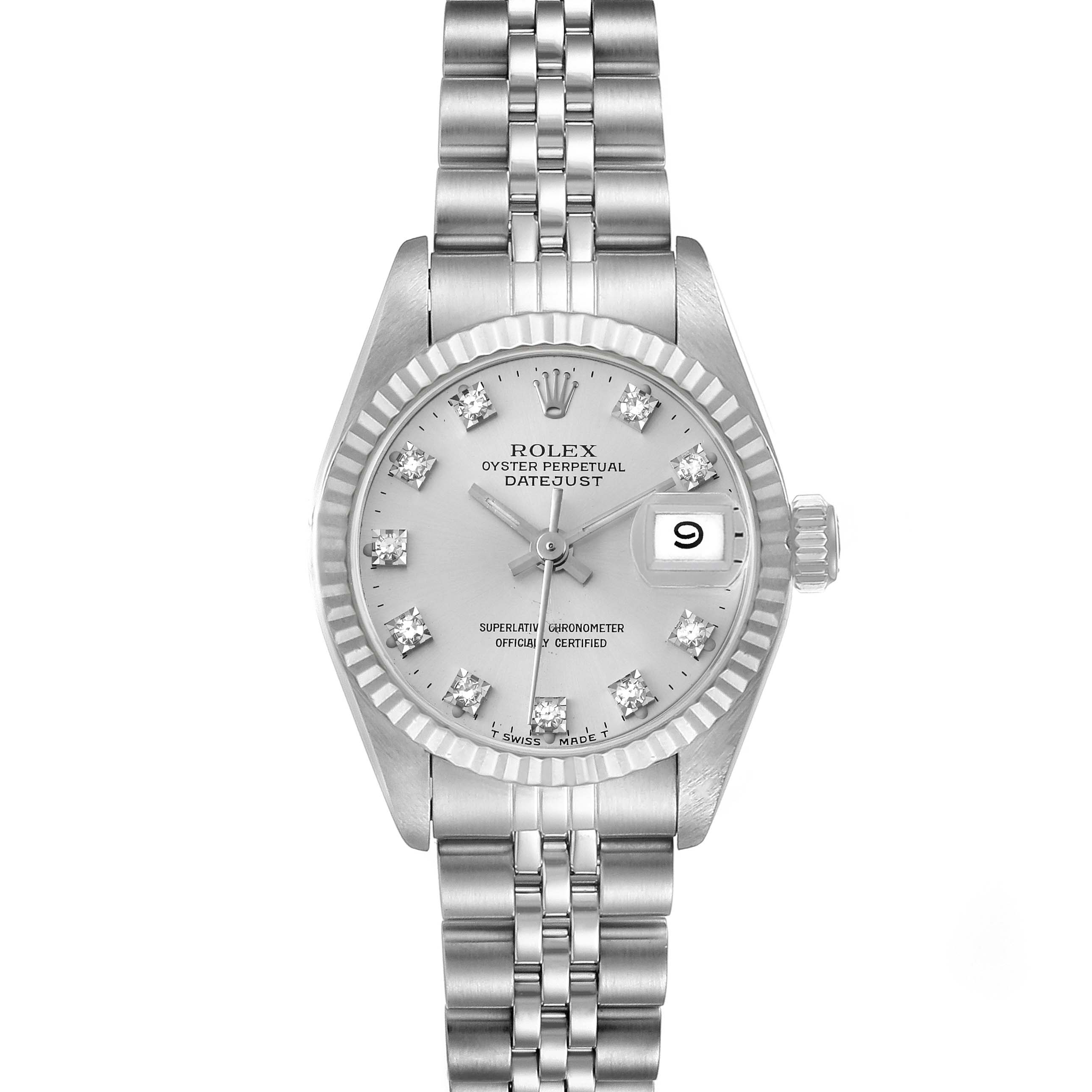 The image shows a front view of a Rolex Datejust 69174 Women's Stainless Steel Silver Dial 69174 Women's Stainless Steel Silver Dial watch, highlighting its dial, bezel, crown, and bracelet.
