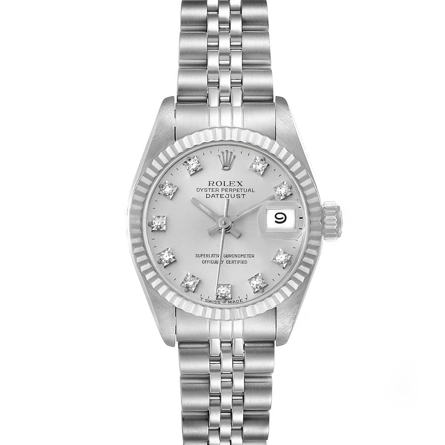 The image shows a front view of a Rolex Datejust watch, highlighting its dial, bezel, crown, and bracelet.