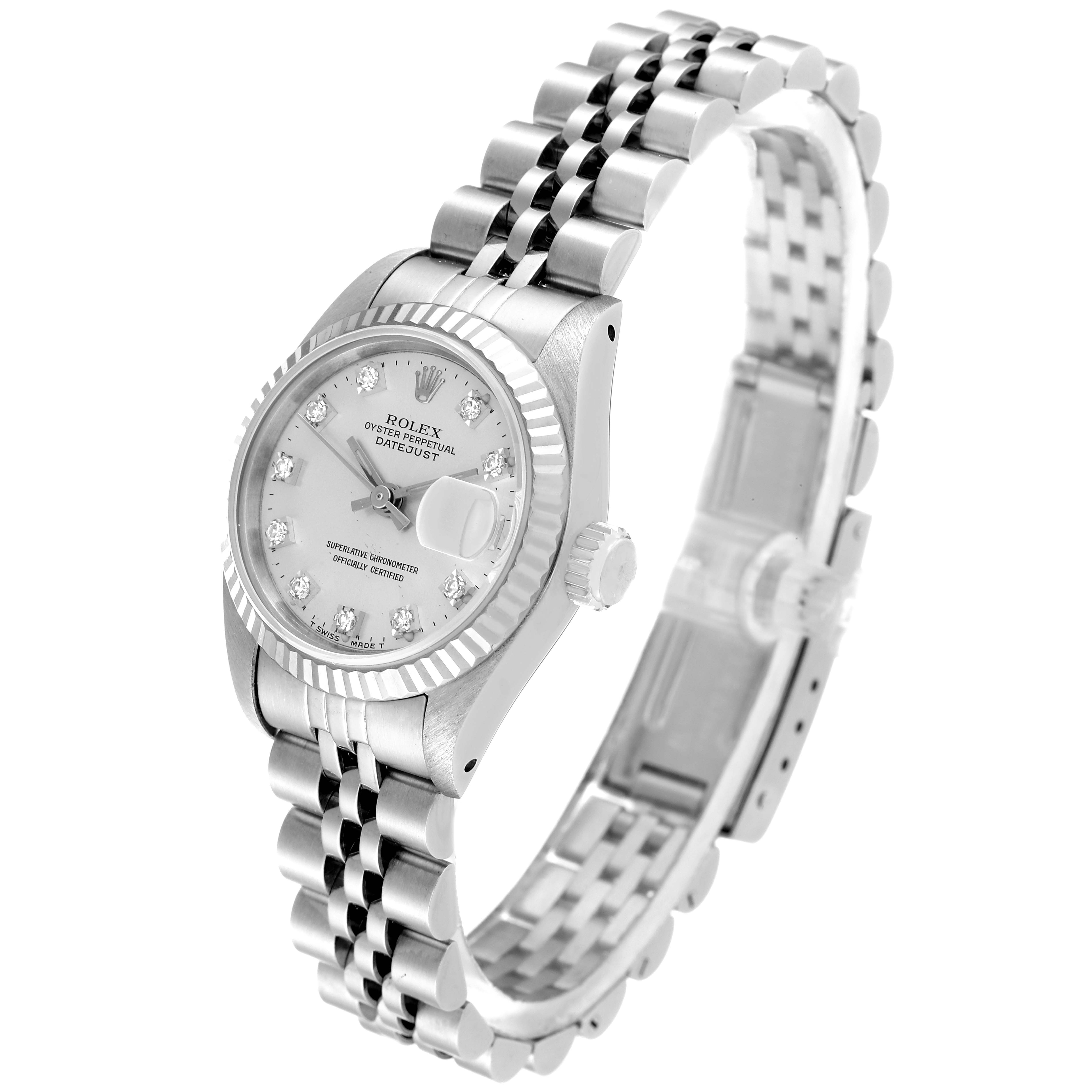 The image shows a Rolex Datejust 69174 Women's Stainless Steel Silver Dial 69174 Women's Stainless Steel Silver Dial watch viewed at an angle showcasing the dial, bezel, crown, and part of the bracelet.