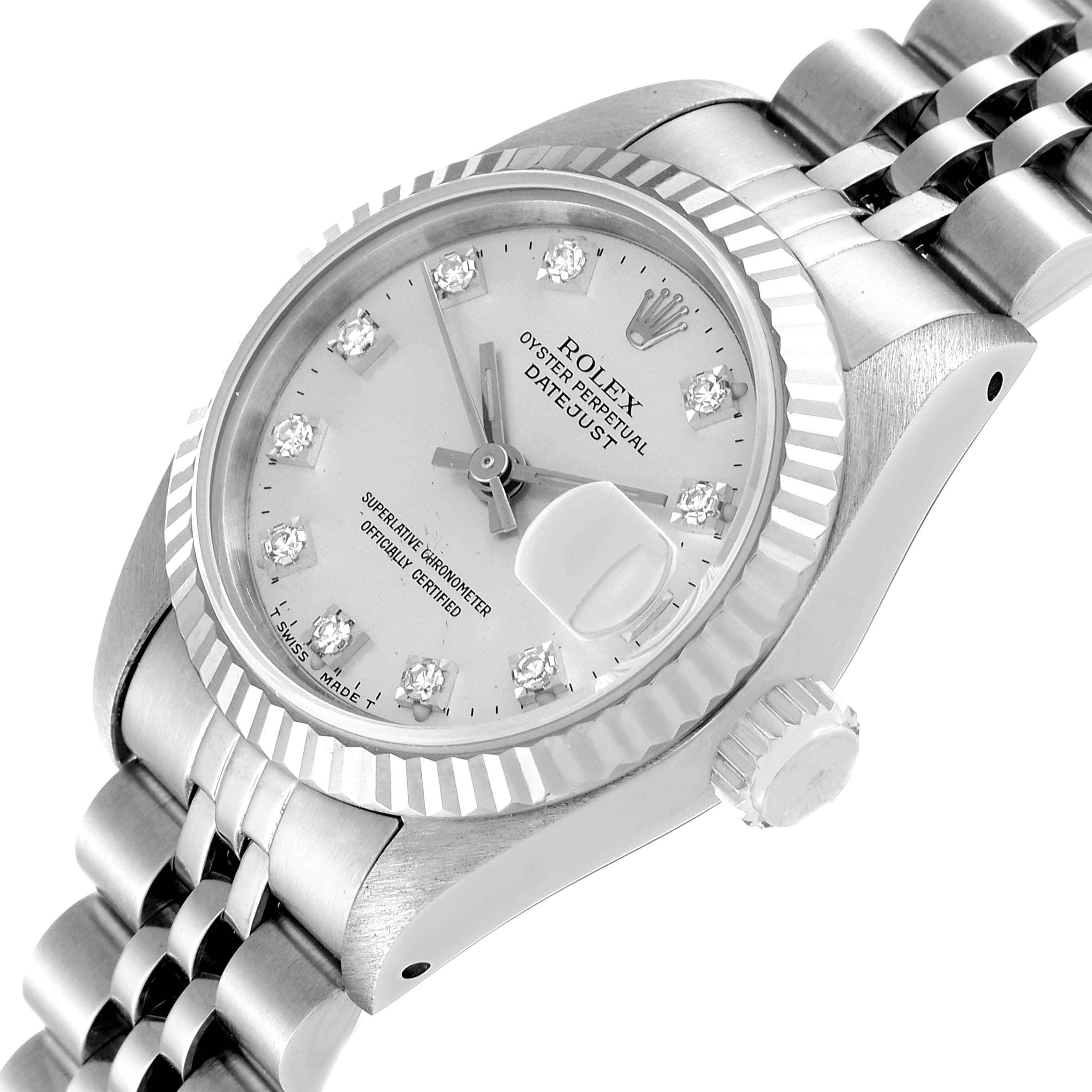 This image shows a silver Rolex Datejust 69174 Women's Stainless Steel Silver Dial 69174 Women's Stainless Steel Silver Dial watch at a tilted angle, highlighting the dial, bezel, crown, and part of the bracelet.
