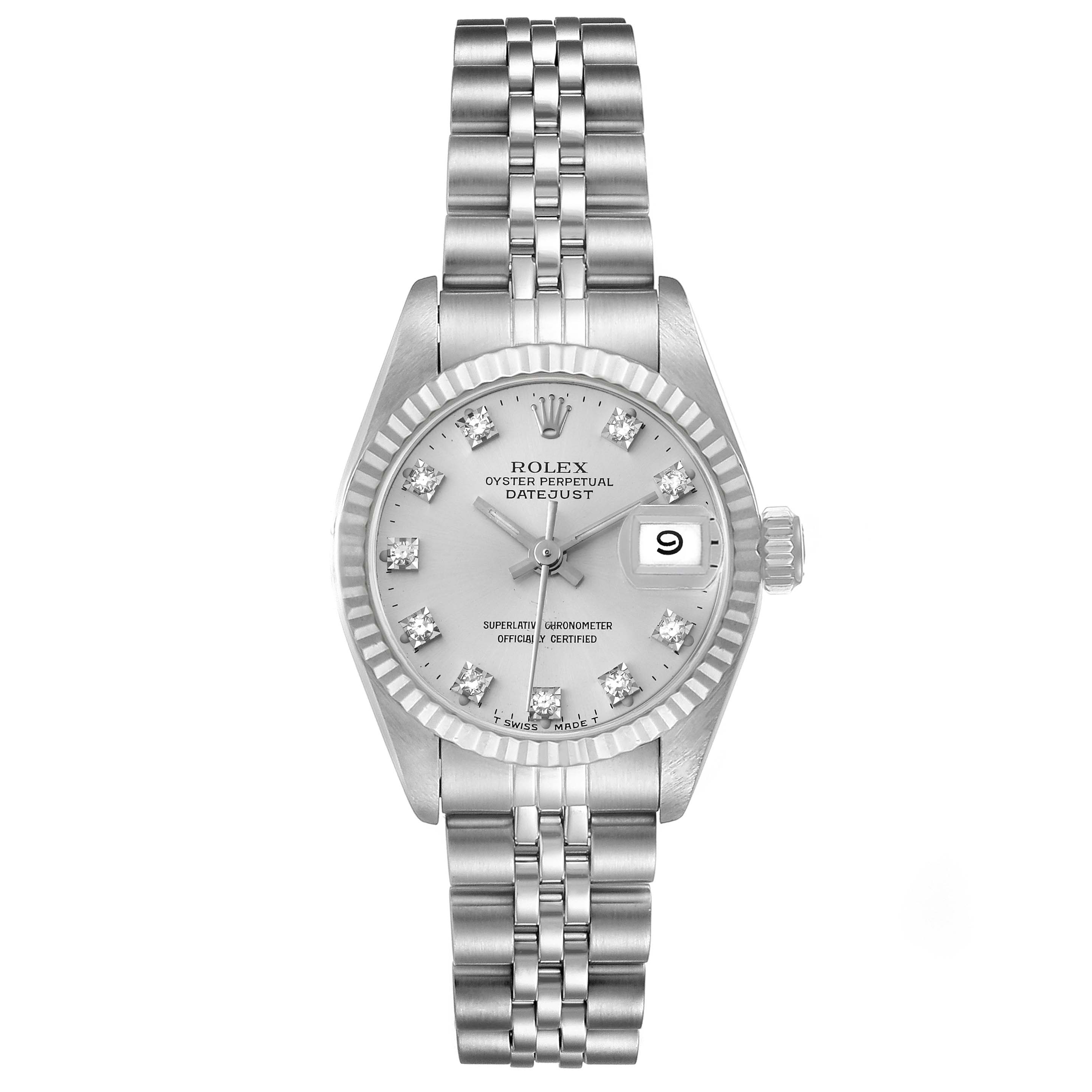 The image shows the Rolex Datejust 69174 Women's Stainless Steel Silver Dial 69174 Women's Stainless Steel Silver Dial watch from a front angle, displaying its dial, bracelet, and crown.