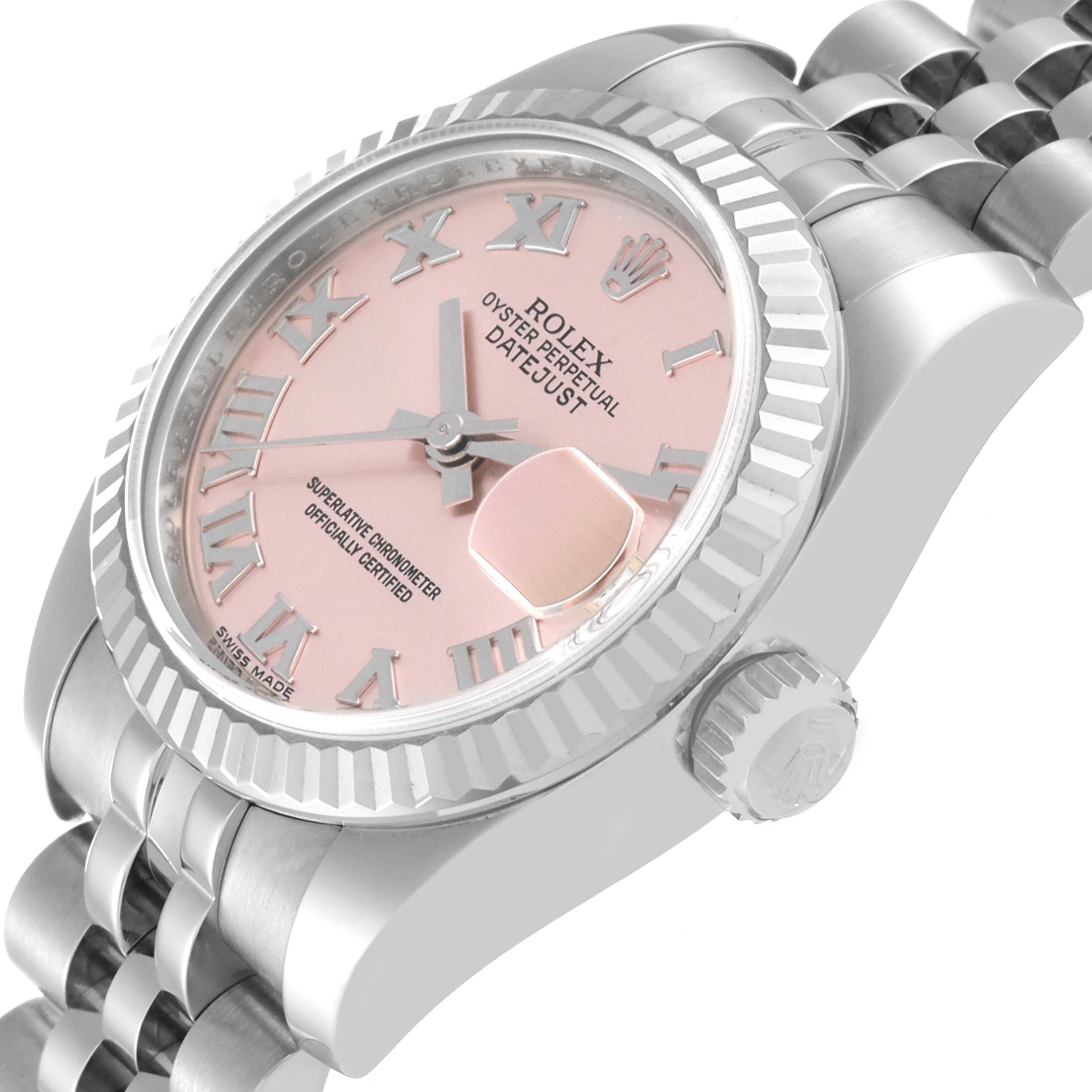 The image shows a side angle of a Rolex Datejust 179174 Women's Stainless Steel Pink Dial 179174 Women's Stainless Steel Pink Dial watch, highlighting its pink dial, fluted bezel, and jubilee bracelet.