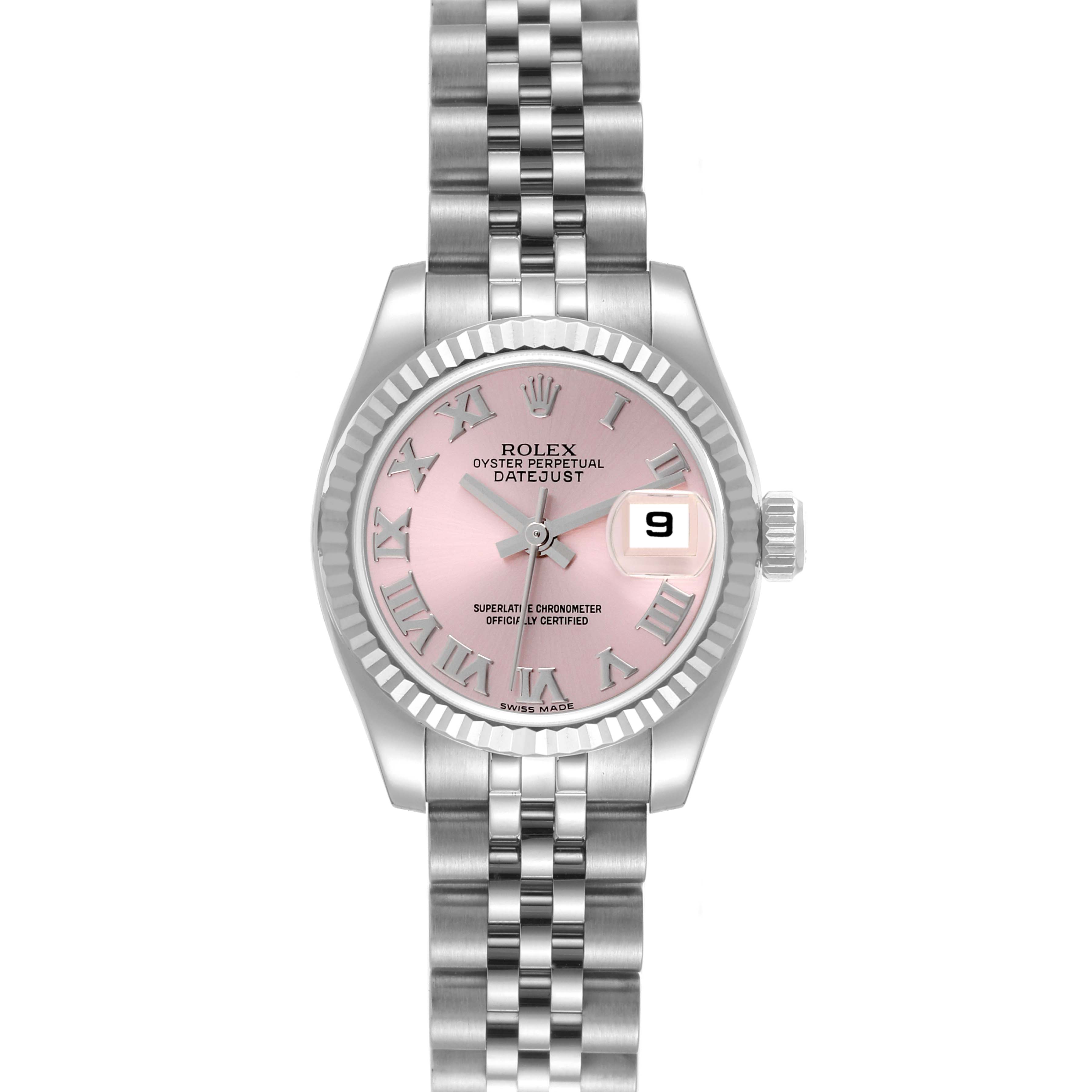 The image shows a Rolex Datejust 179174 Women's Stainless Steel Pink Dial 179174 Women's Stainless Steel Pink Dial watch from a front angle, highlighting its pink dial, date window, and metal bracelet.