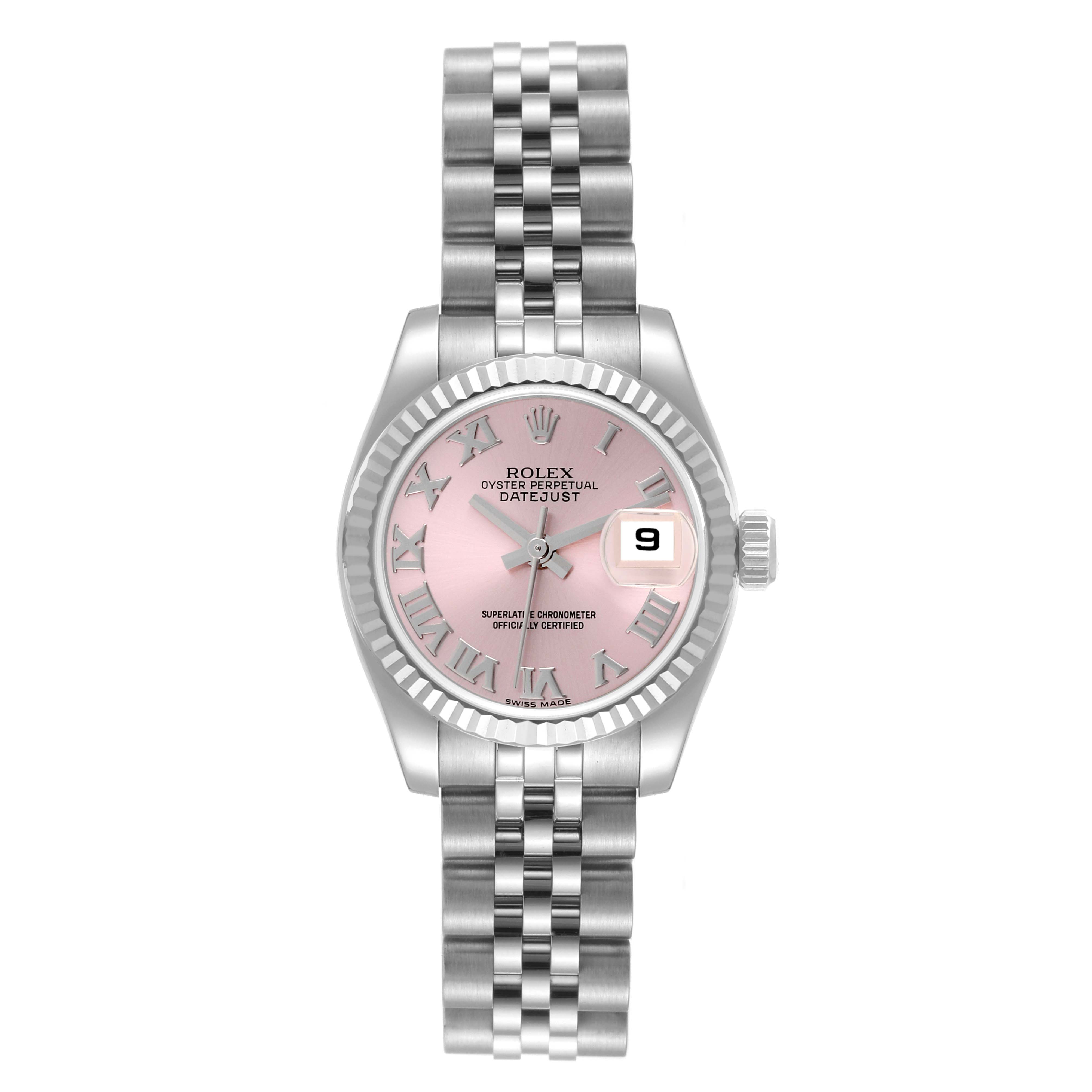 This image shows a front view of the Rolex Datejust 179174 Women's Stainless Steel Pink Dial 179174 Women's Stainless Steel Pink Dial watch, highlighting its pink dial, Roman numerals, and Jubilee bracelet.