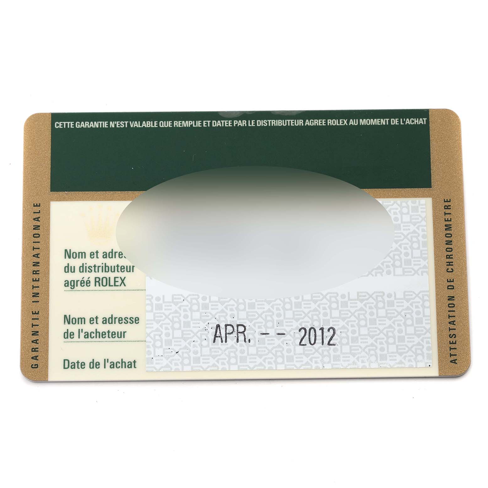 This is a warranty card for the Rolex Datejust 179174 Women's Stainless Steel Pink Dial 179174 Women's Stainless Steel Pink Dial model, showing fields for distributor and buyer information.