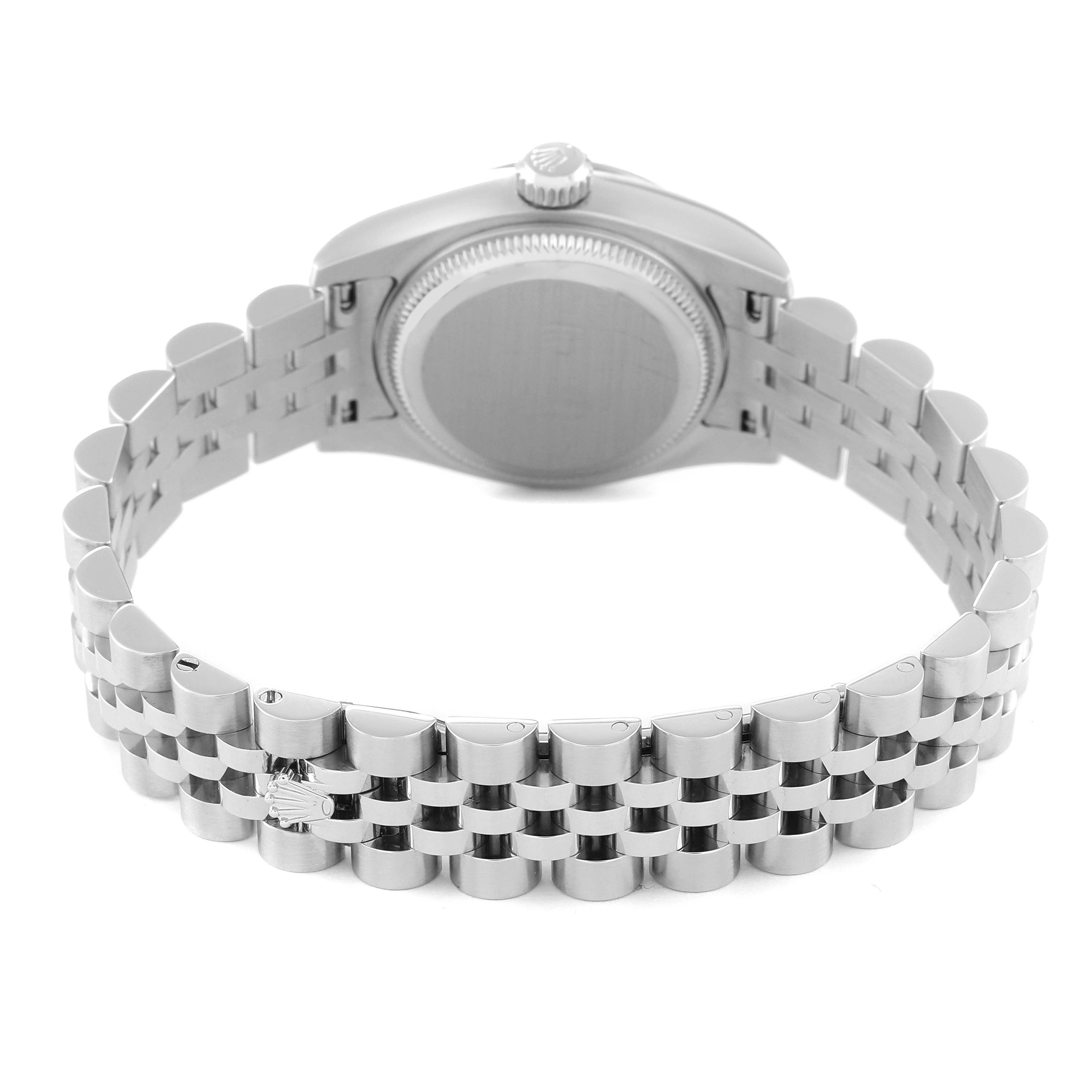 This image shows the back of a Rolex Datejust 179174 Women's Stainless Steel Pink Dial 179174 Women's Stainless Steel Pink Dial watch, focusing on its stainless steel bracelet and closed case back.