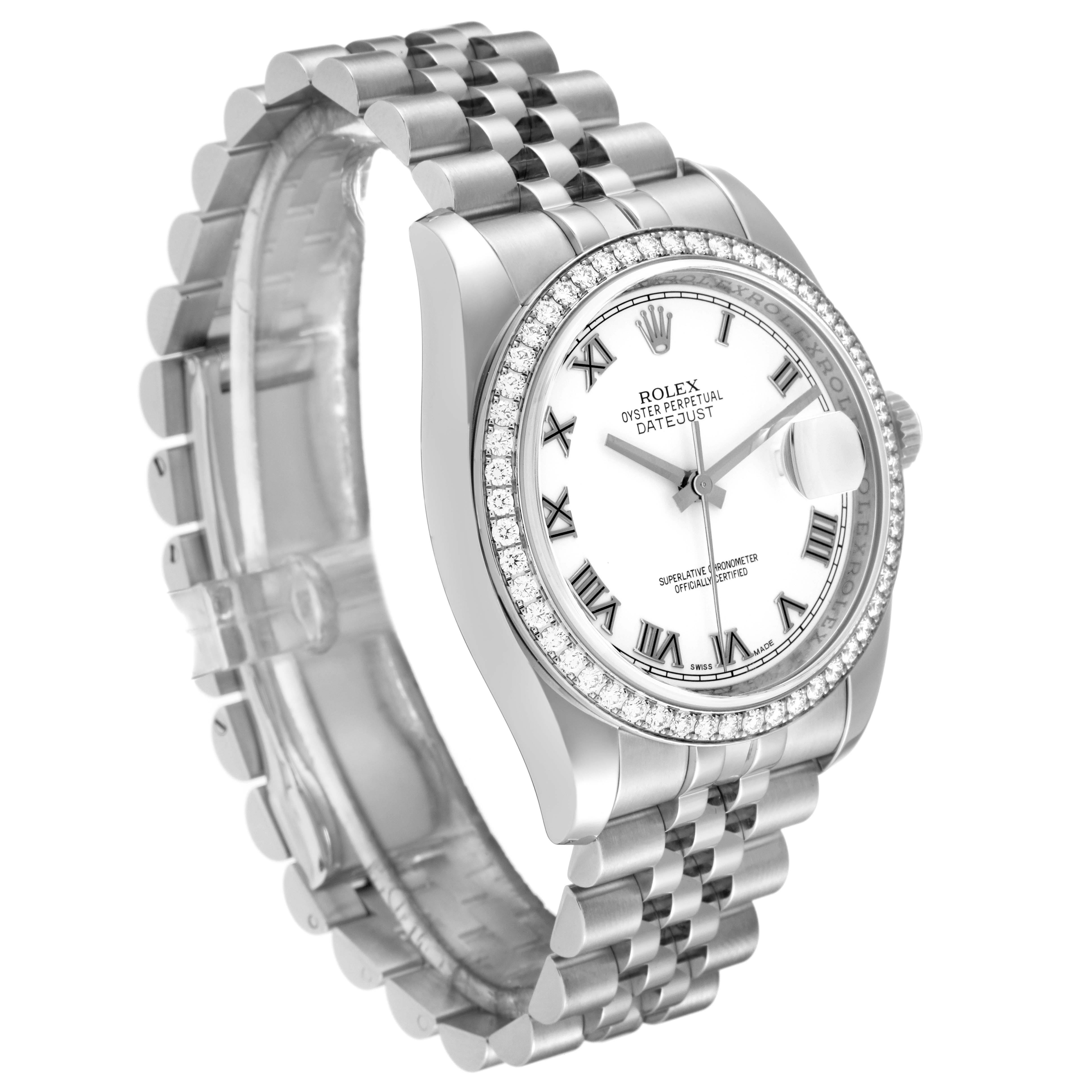 The image shows a side angle view of a Rolex Datejust 116244 Men's Stainless Steel White Dial 116244 Men's Stainless Steel White Dial watch, with the face, bezel, and part of the bracelet visible.