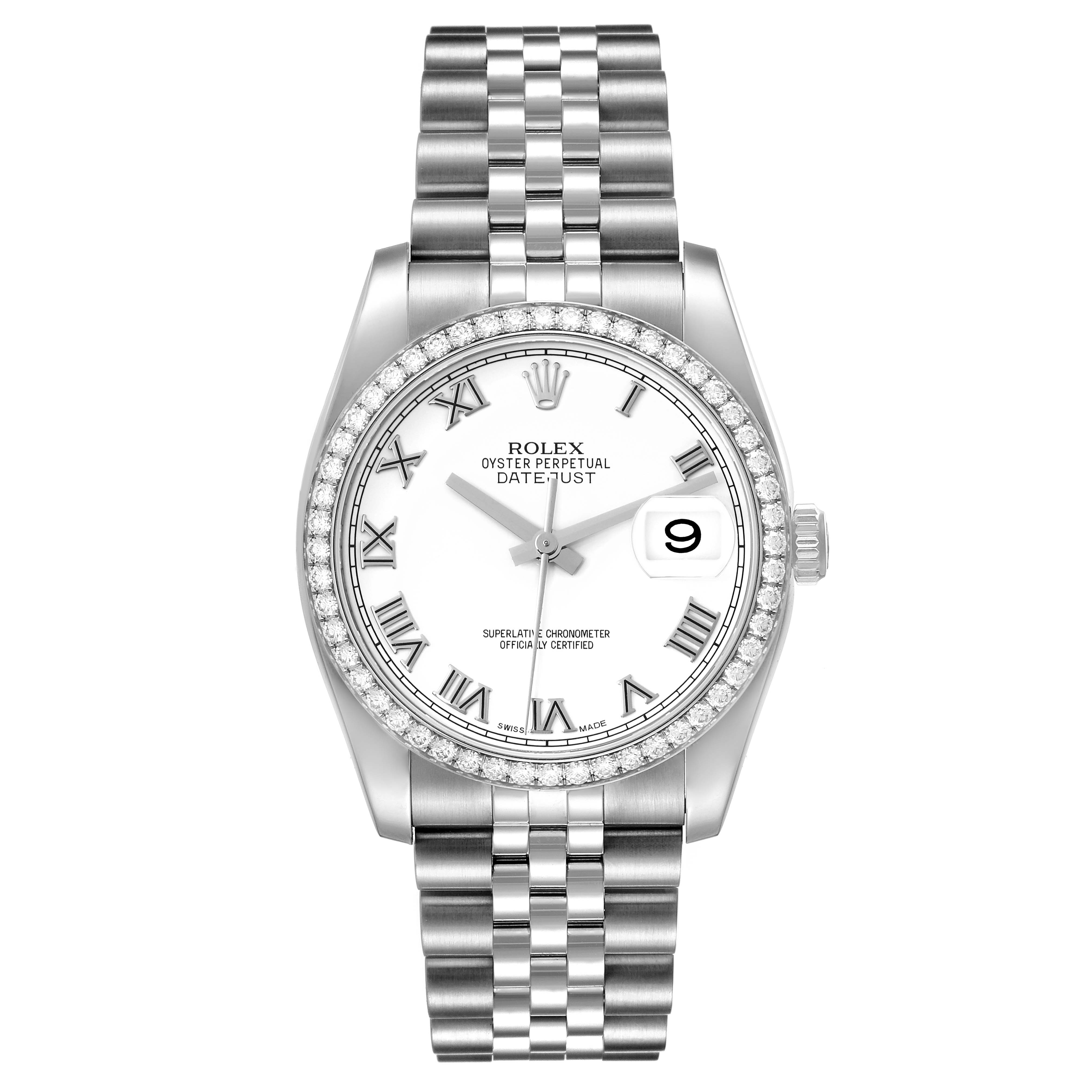 This image shows a Rolex Datejust 116244 Men's Stainless Steel White Dial 116244 Men's Stainless Steel White Dial model watch from the front, highlighting its face, bezel, bracelet, and date window.