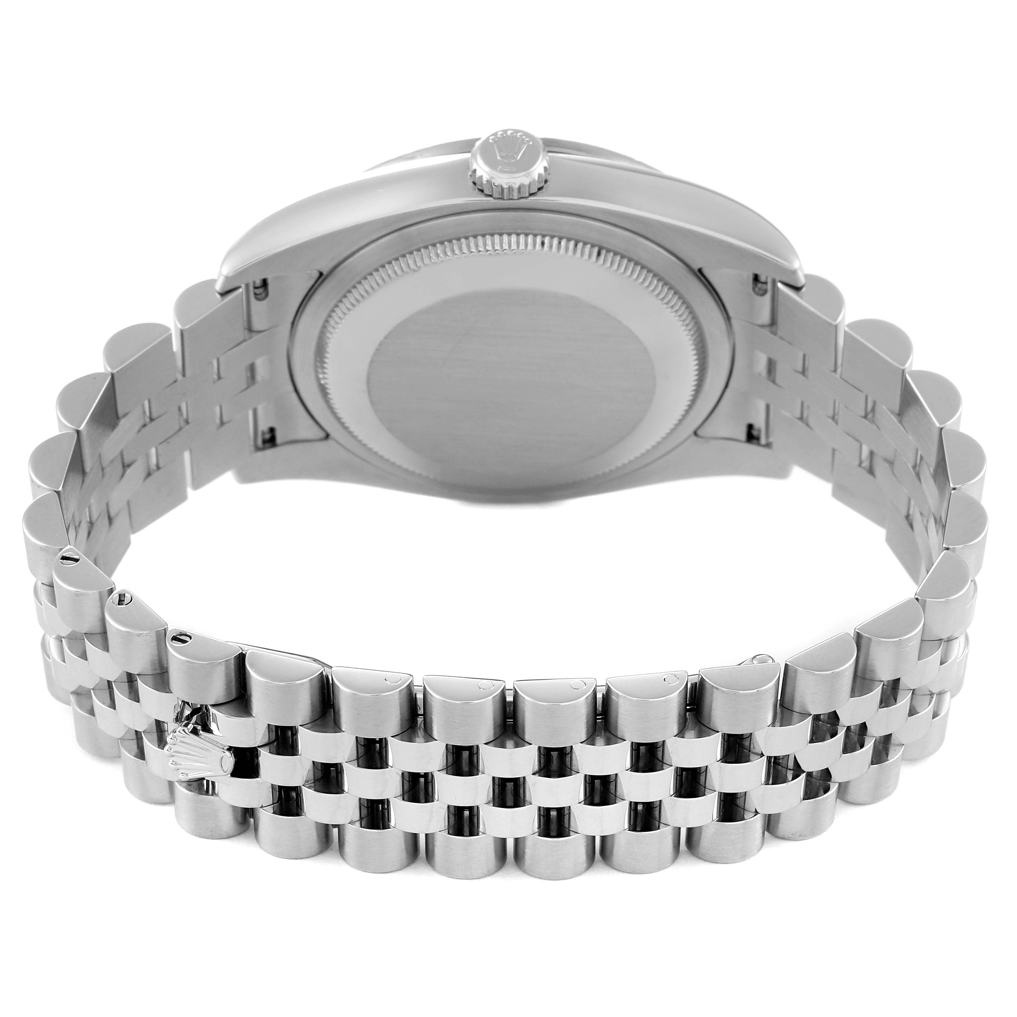 The image shows the back casing and bracelet of a Rolex Datejust 116244 Men's Stainless Steel White Dial 116244 Men's Stainless Steel White Dial watch from a rear angle.