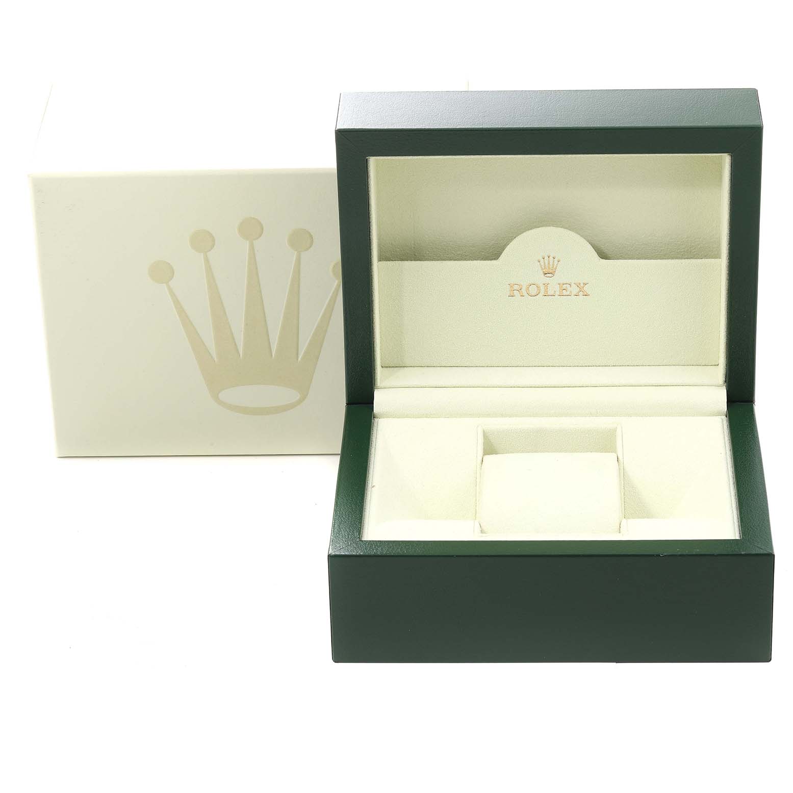 An open green and cream box for a Rolex Datejust 116244 Men's Stainless Steel White Dial 116244 Men's Stainless Steel White Dial watch is shown from a front angle, along with the outer packaging.