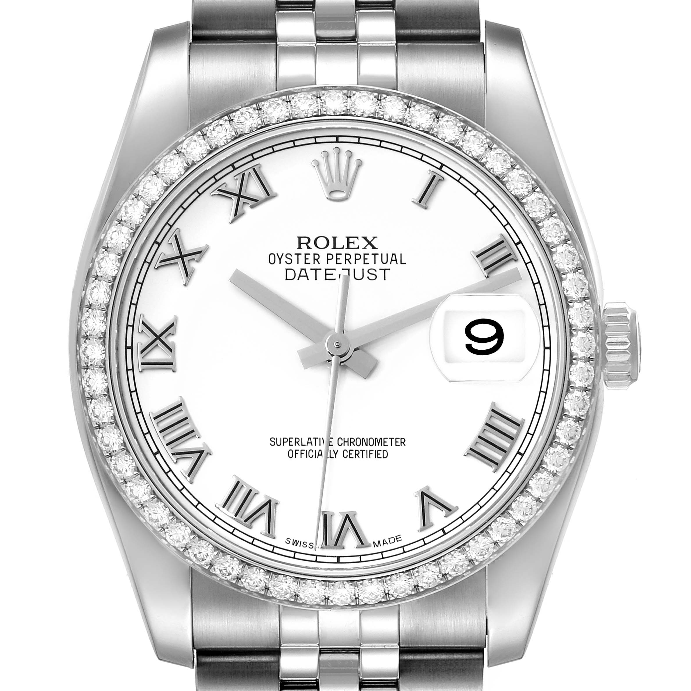 The Rolex Datejust 116244 Men's Stainless Steel White Dial 116244 Men's Stainless Steel White Dial watch is shown from the front, displaying its dial, bezel, crown, and part of the bracelet.