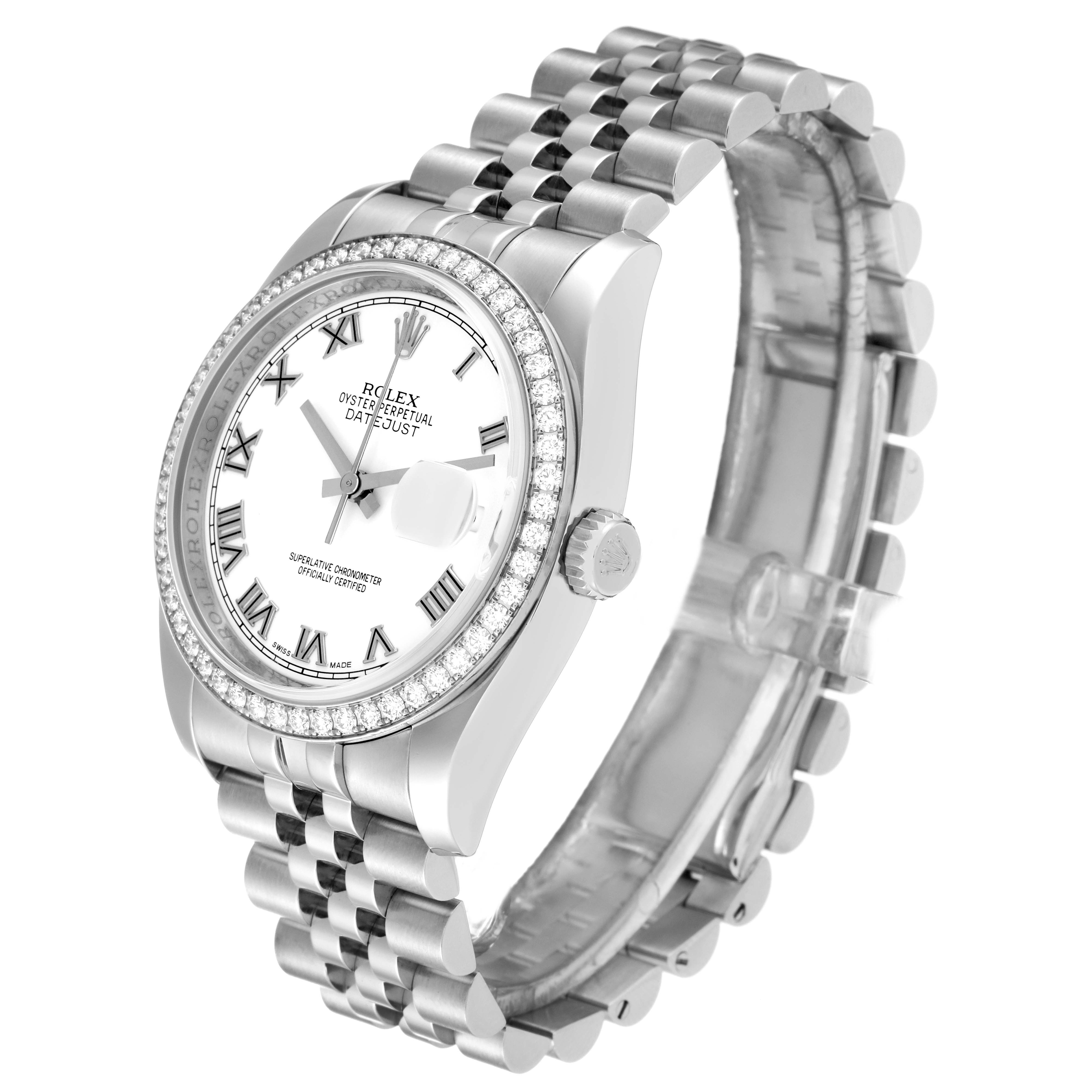 The image shows a Rolex Datejust 116244 Men's Stainless Steel White Dial 116244 Men's Stainless Steel White Dial watch at a three-quarter angle, highlighting the dial, bezel, and jubilee bracelet.