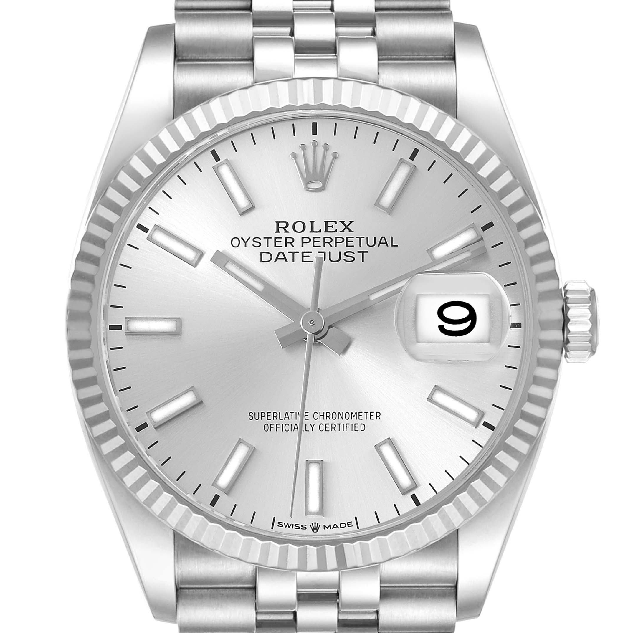 The Rolex Datejust 126234 Men's Stainless Steel Silver Dial watch is shown from a front angle, displaying its dial, fluted bezel, date window, and part of the bracelet.