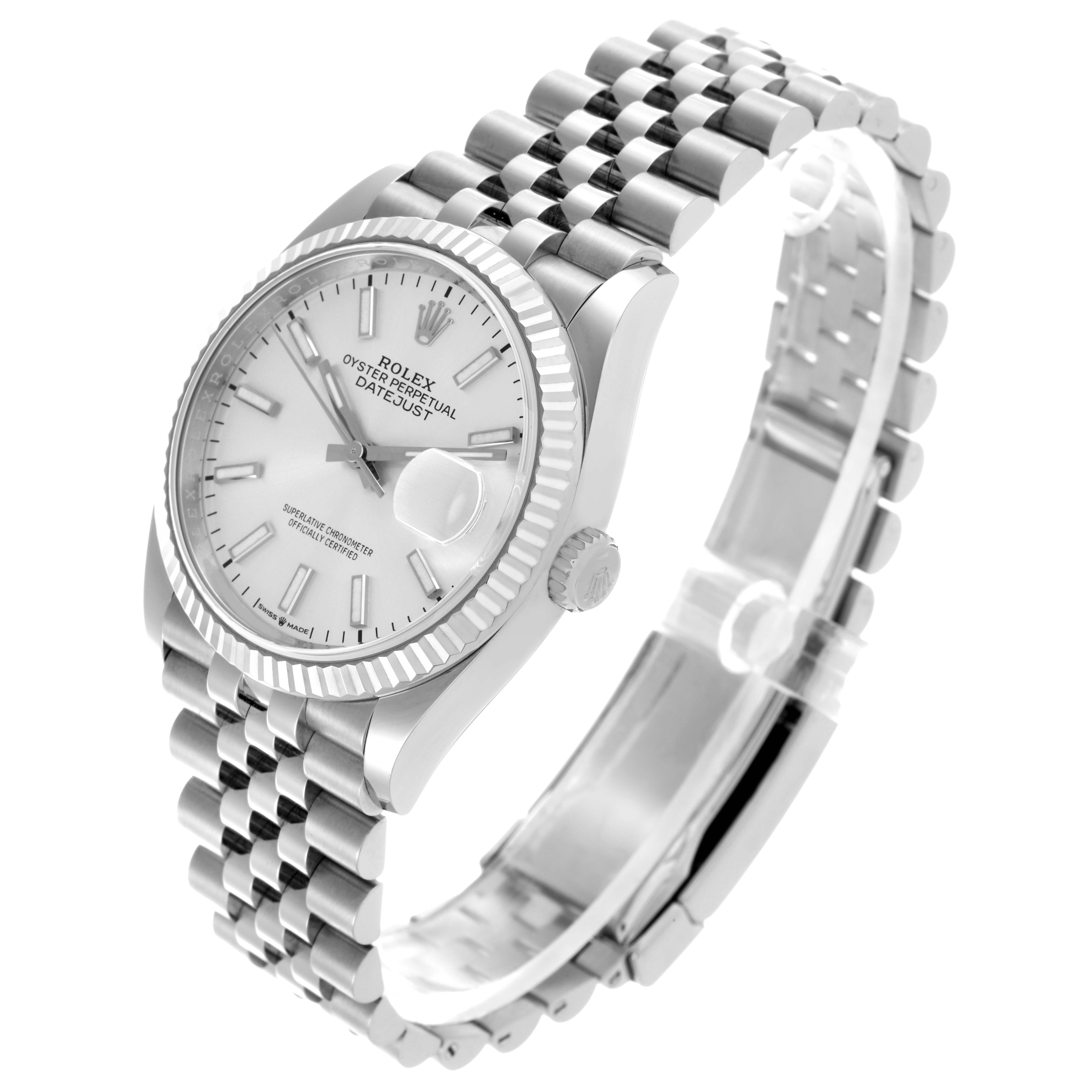 The Rolex Datejust 126234 Men's Stainless Steel Silver Dial watch is shown at an oblique angle, highlighting the face, bezel, crown, and bracelet.