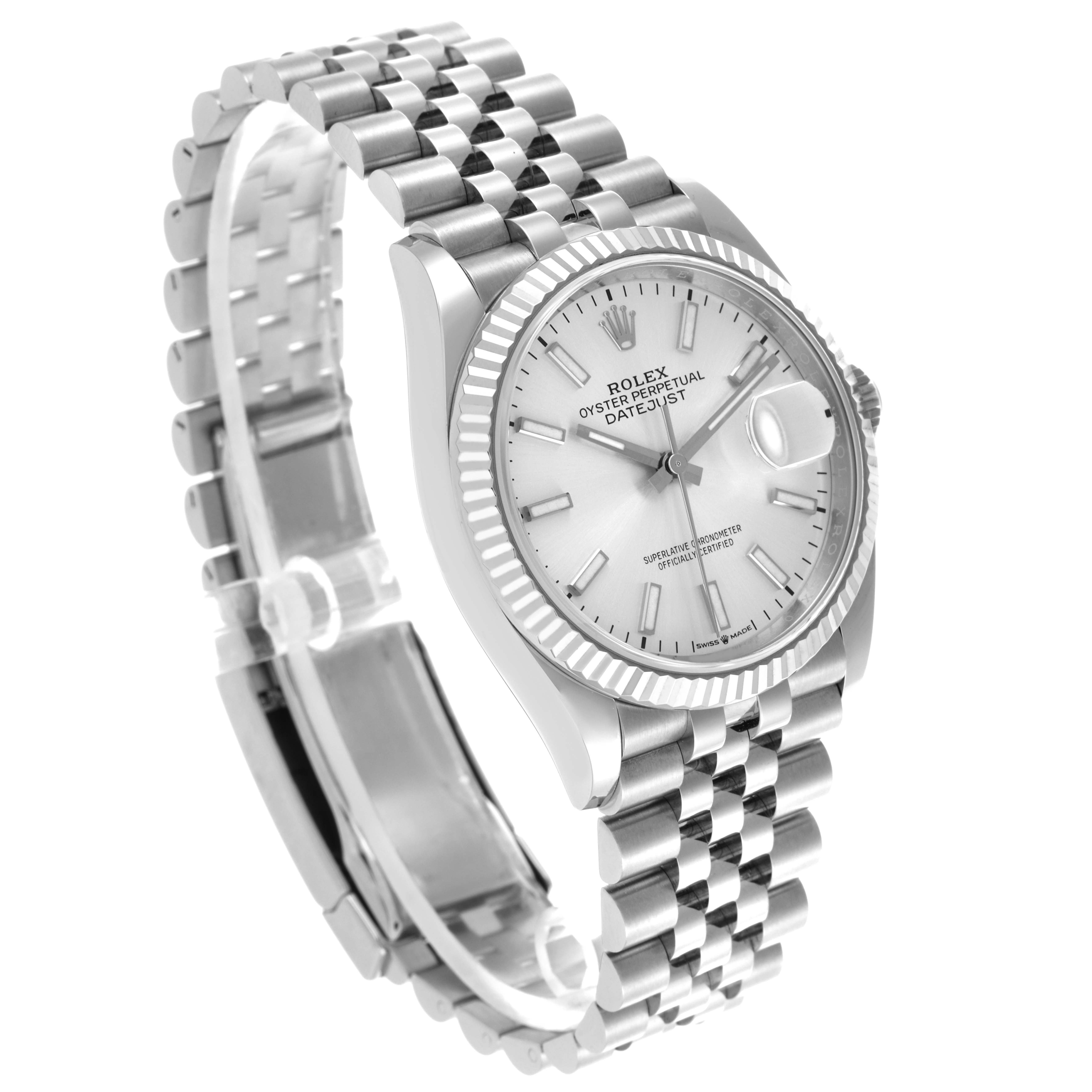 The Rolex Datejust 126234 Men's Stainless Steel Silver Dial watch is shown from a three-quarter angle, highlighting its face, fluted bezel, and jubilee bracelet.
