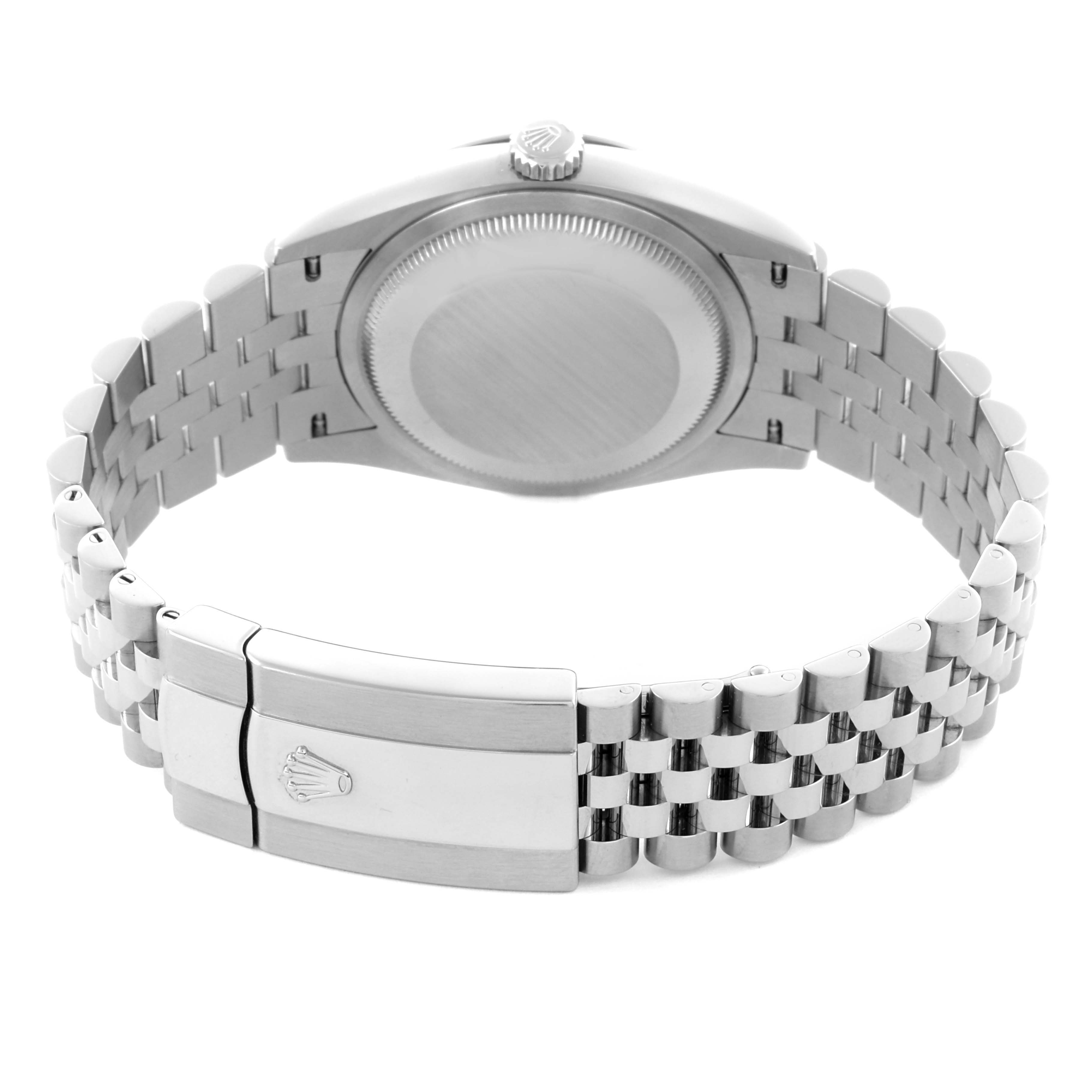 The Rolex Datejust 126234 Men's Stainless Steel Silver Dial watch is shown from the back, highlighting the case back, bracelet, and clasp.