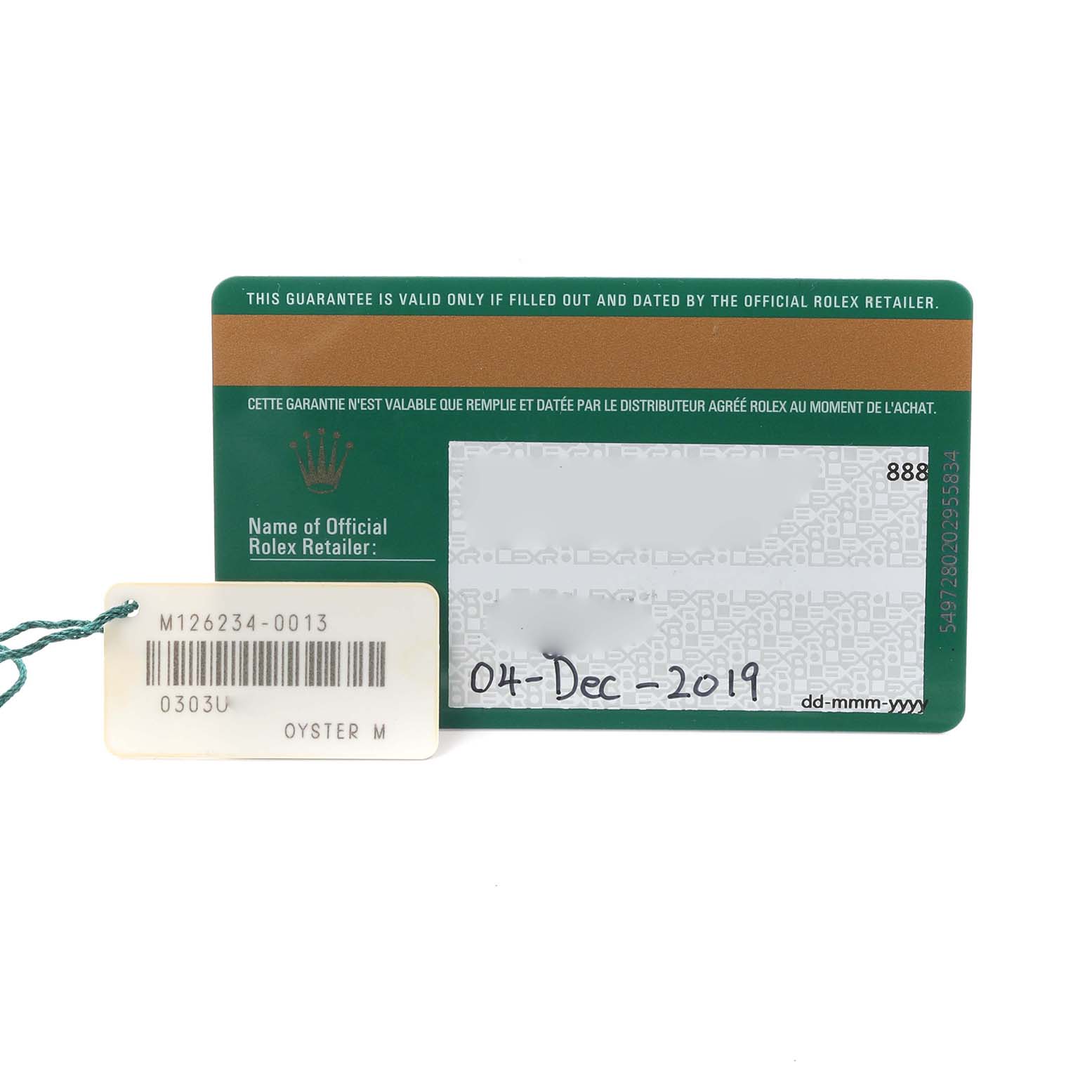 The image shows the warranty card and tag for a Rolex Datejust 126234 Men's Stainless Steel Silver Dial watch, displaying the serial number and purchase date.