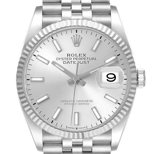 The Rolex Datejust 126234 Men's Stainless Steel Silver Dial watch is shown from the front, highlighting the dial, bezel, and bracelet.