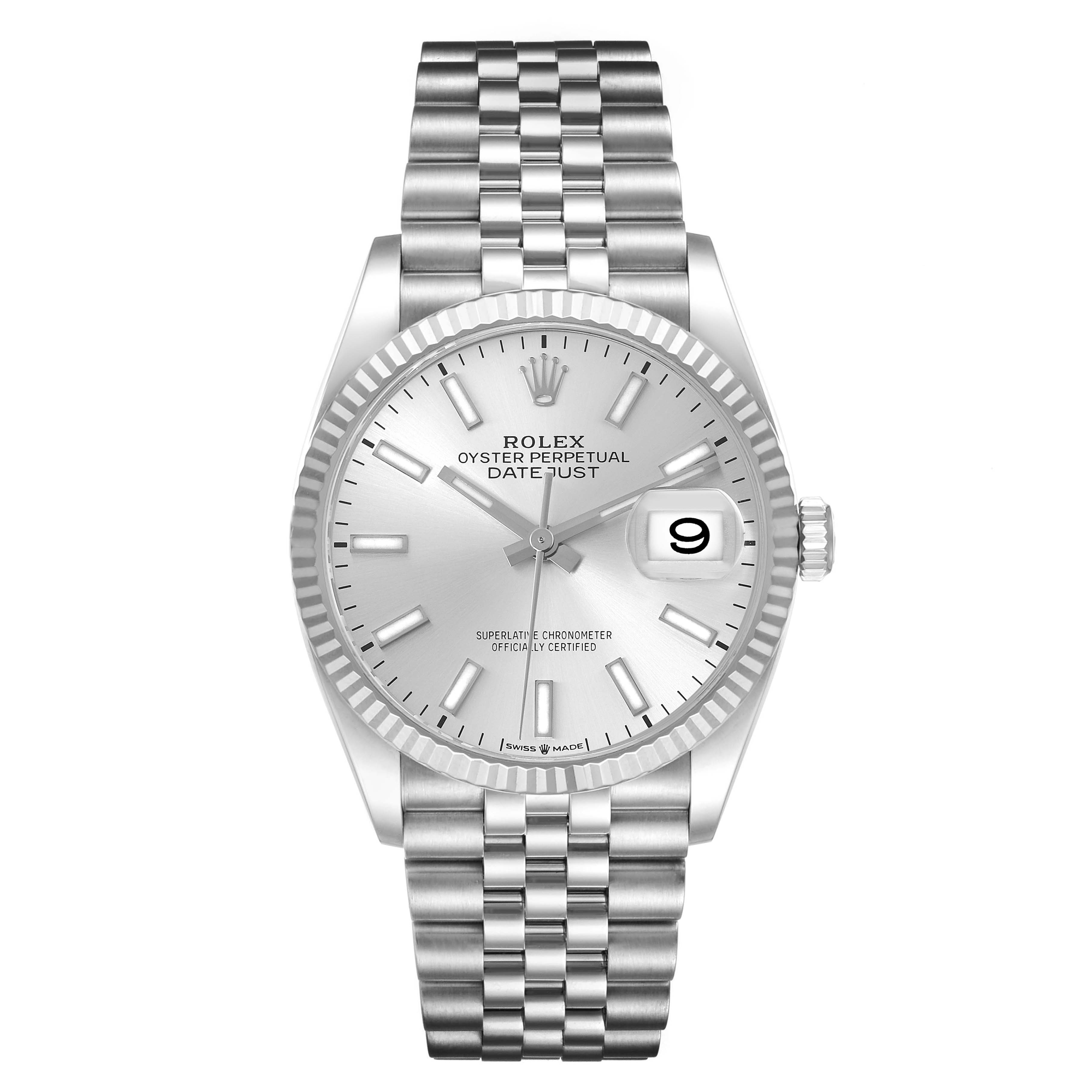 The Rolex Datejust 126234 Men's Stainless Steel Silver Dial watch is shown from a top-down angle, displaying the dial, fluted bezel, bracelet, and cyclops lens over the date.
