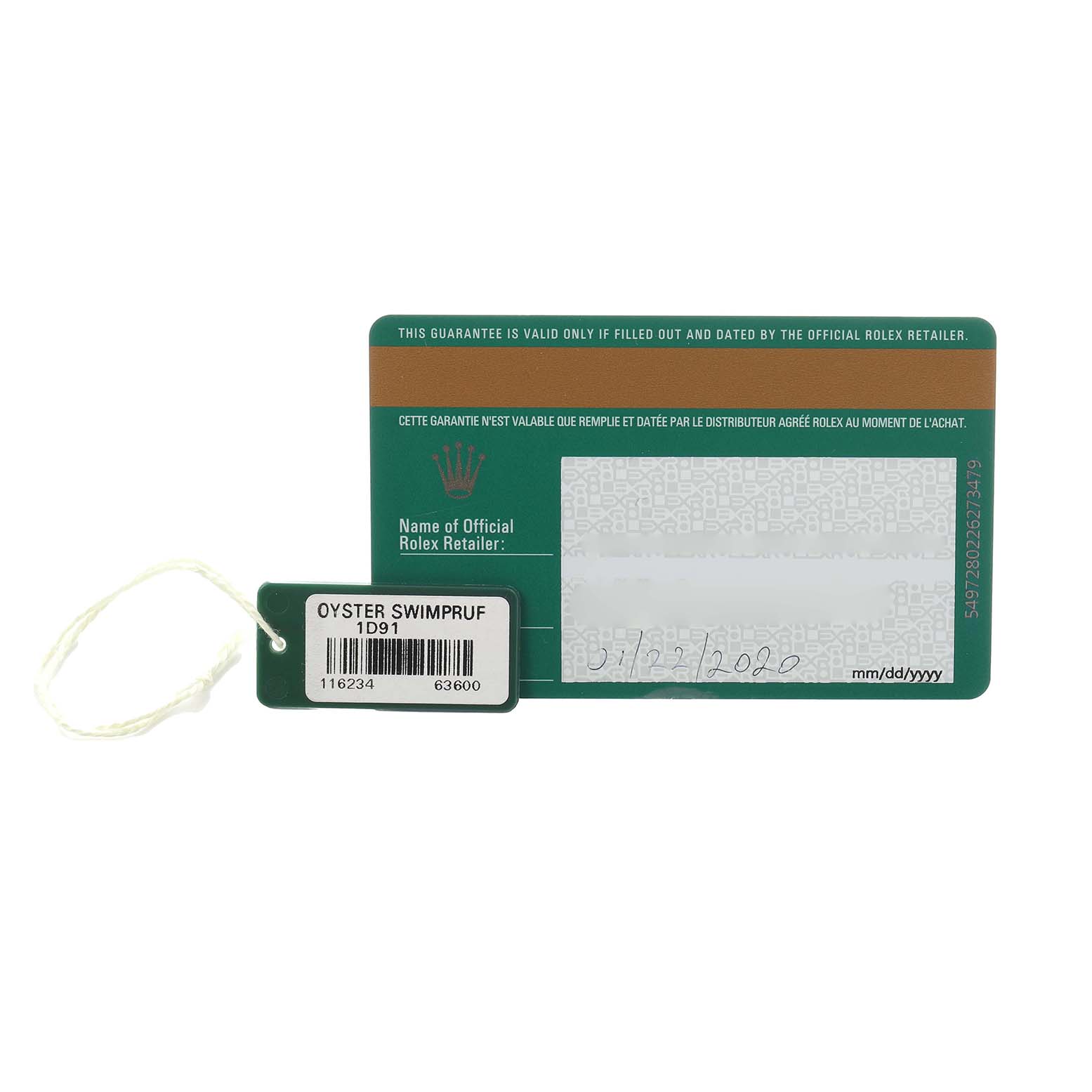 The image shows a warranty card and tag for a Rolex Datejust 116234 Men
s Stainless Steel White Dial watch from a front angle.