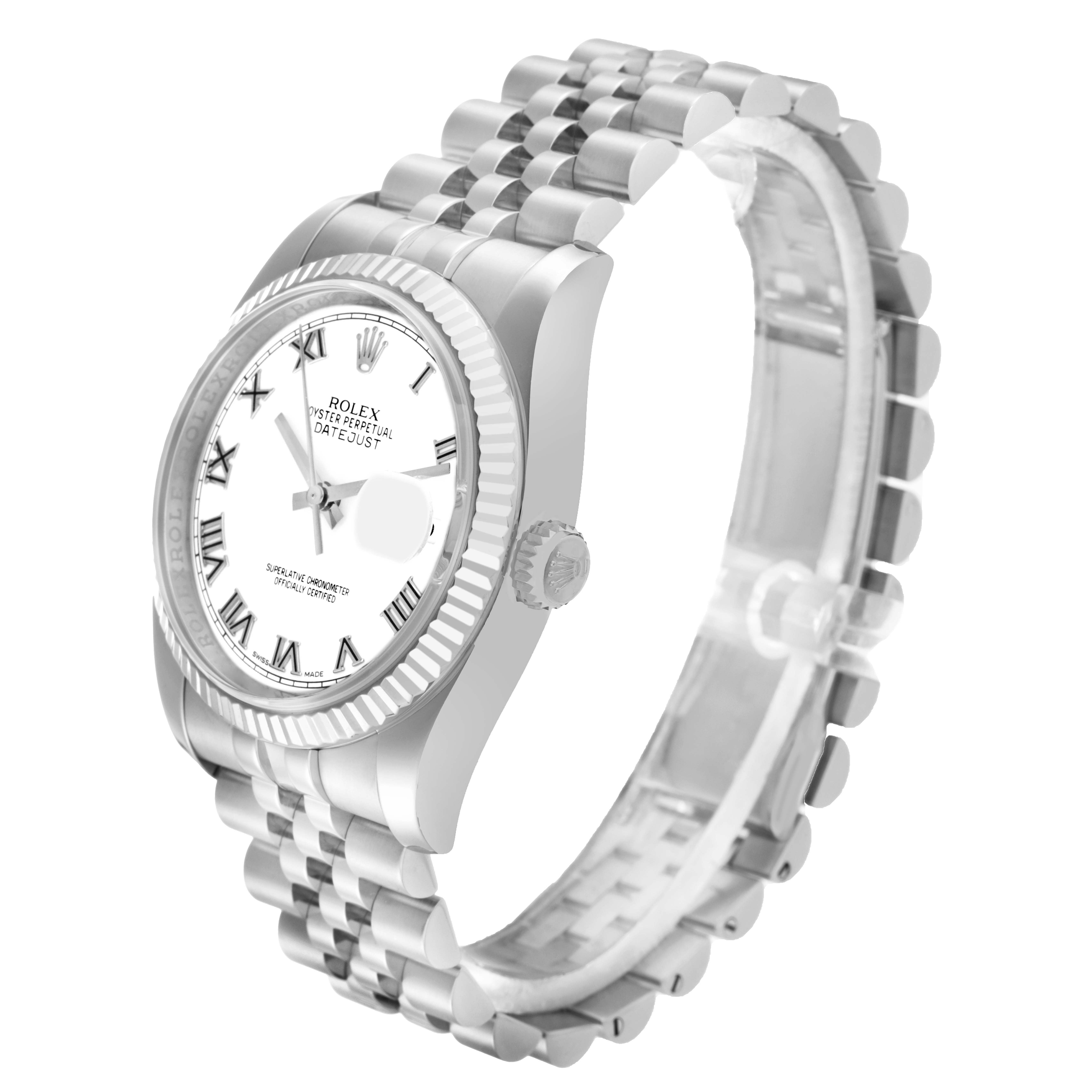 The Rolex Datejust 116234 Men
s Stainless Steel White Dial watch is shown at a three-quarter angle, highlighting the dial, bezel, and Jubilee bracelet.