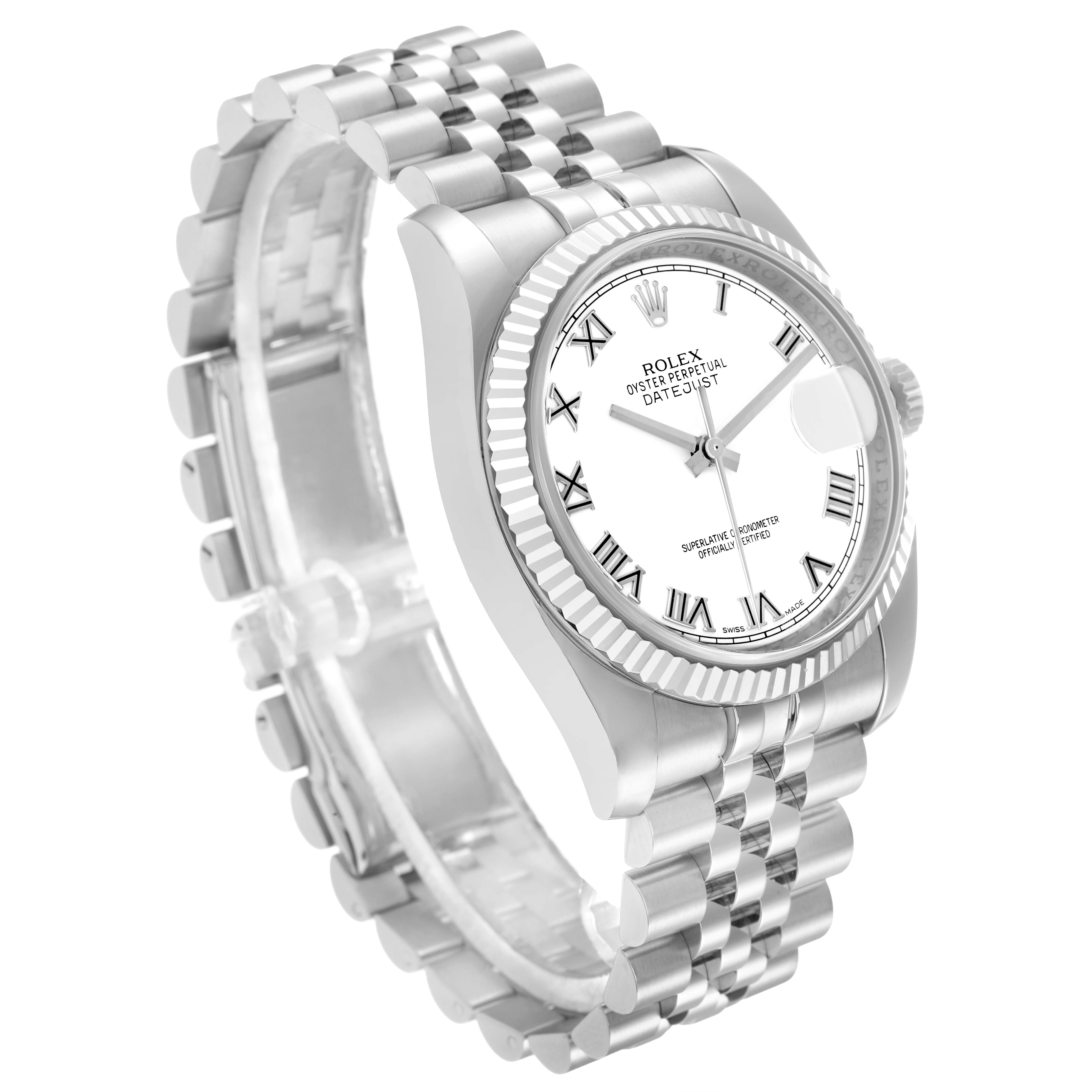 The Rolex Datejust 116234 Men
s Stainless Steel White Dial watch is shown at a slight angle displaying the dial, fluted bezel, and Jubilee bracelet.