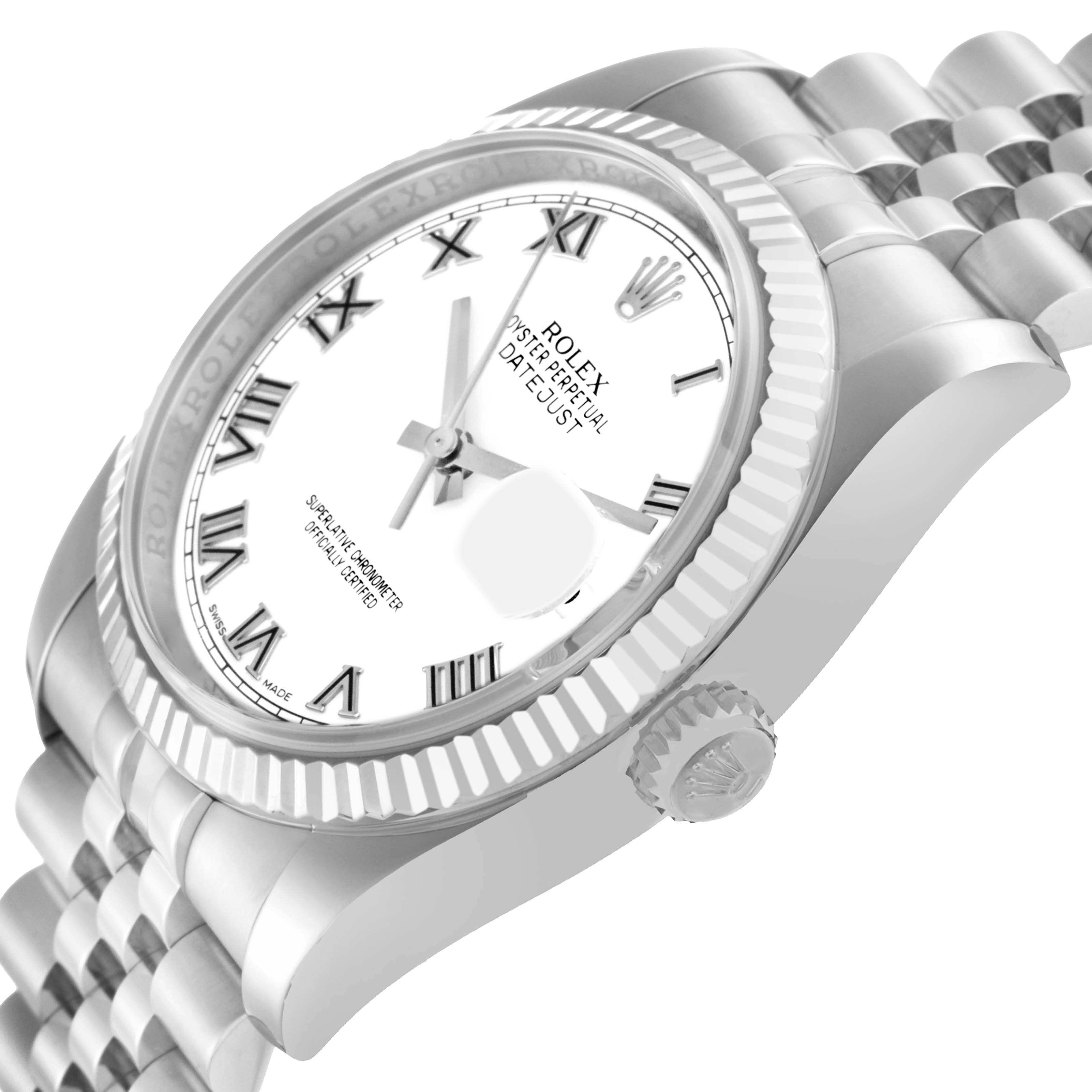 The Rolex Datejust 116234 Men
s Stainless Steel White Dial watch is shown from a side angle, highlighting the fluted bezel, crown, and bracelet.