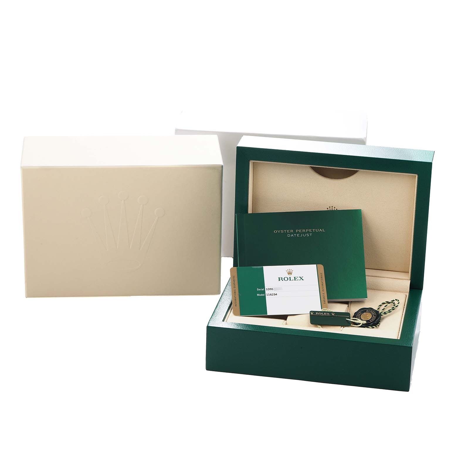 The image shows the box and accessories for a Rolex Datejust 116234 Men
s Stainless Steel White Dial, including documents and a tag, at an angled top view.
