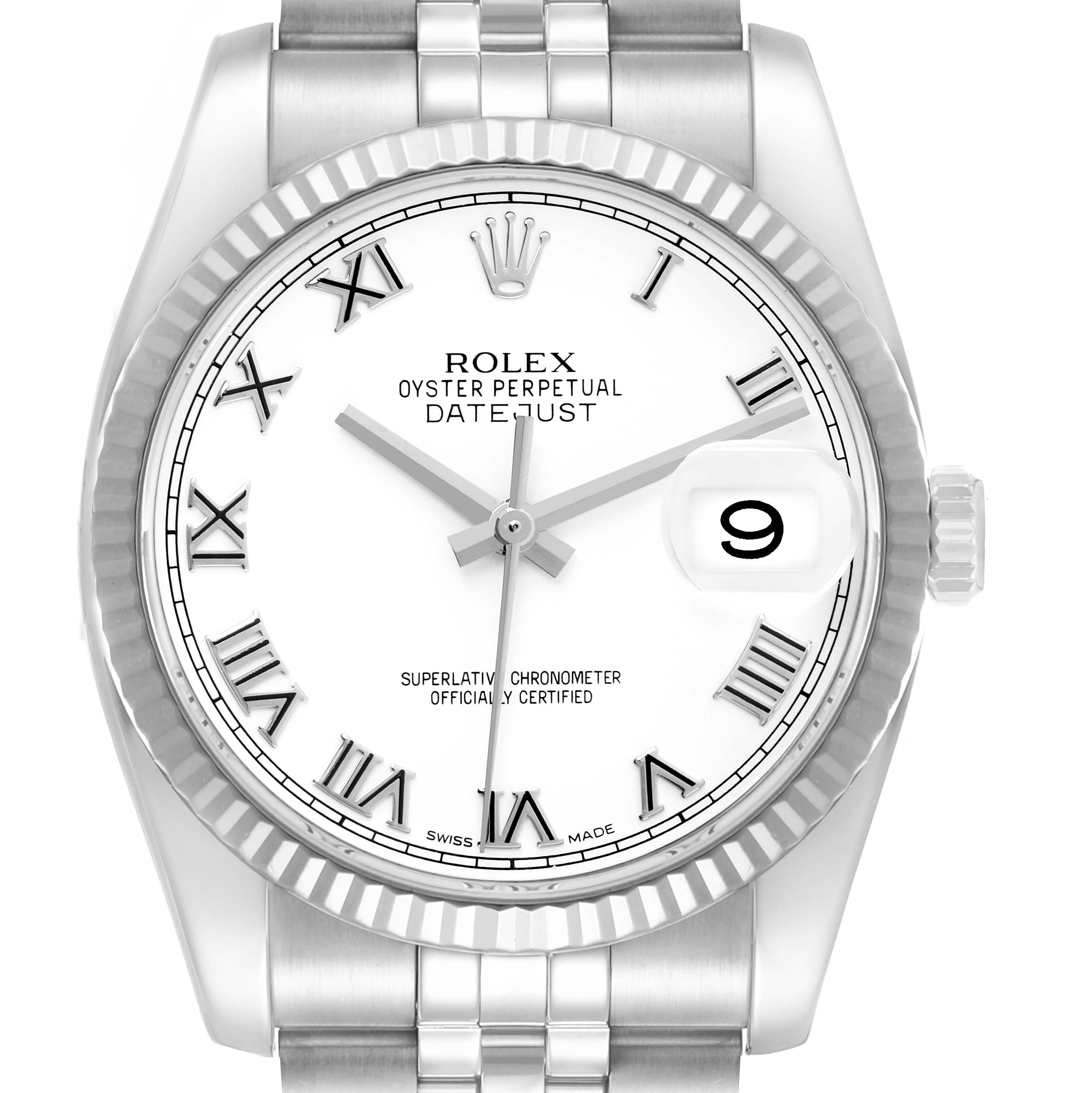 The Rolex Datejust 116234 Men
s Stainless Steel White Dial watch is shown from a front angle, displaying the dial, bezel, and fluted edges.