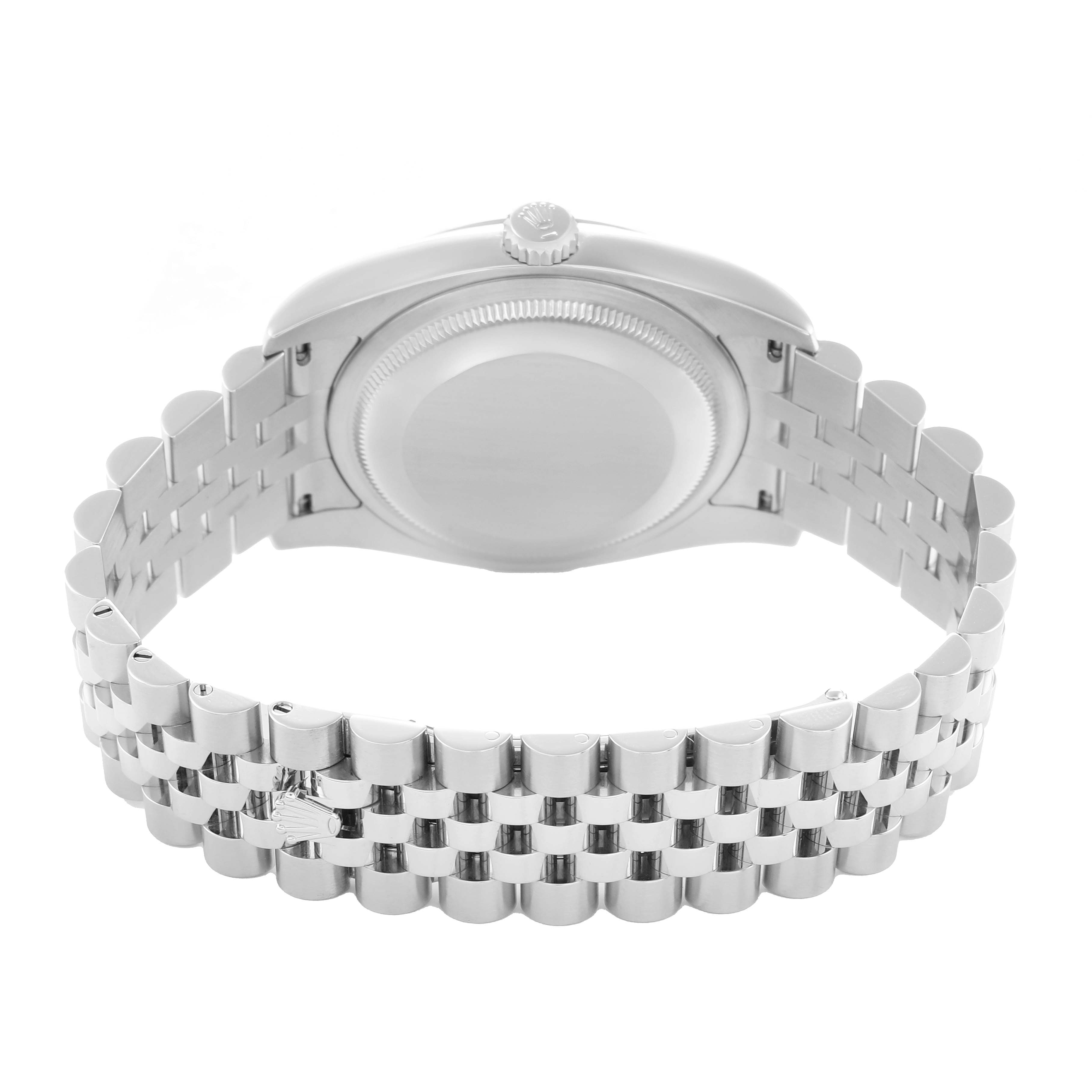 The Rolex Datejust 116234 Men
s Stainless Steel White Dial watch is shown from the back, displaying the case, crown, and Jubilee bracelet.