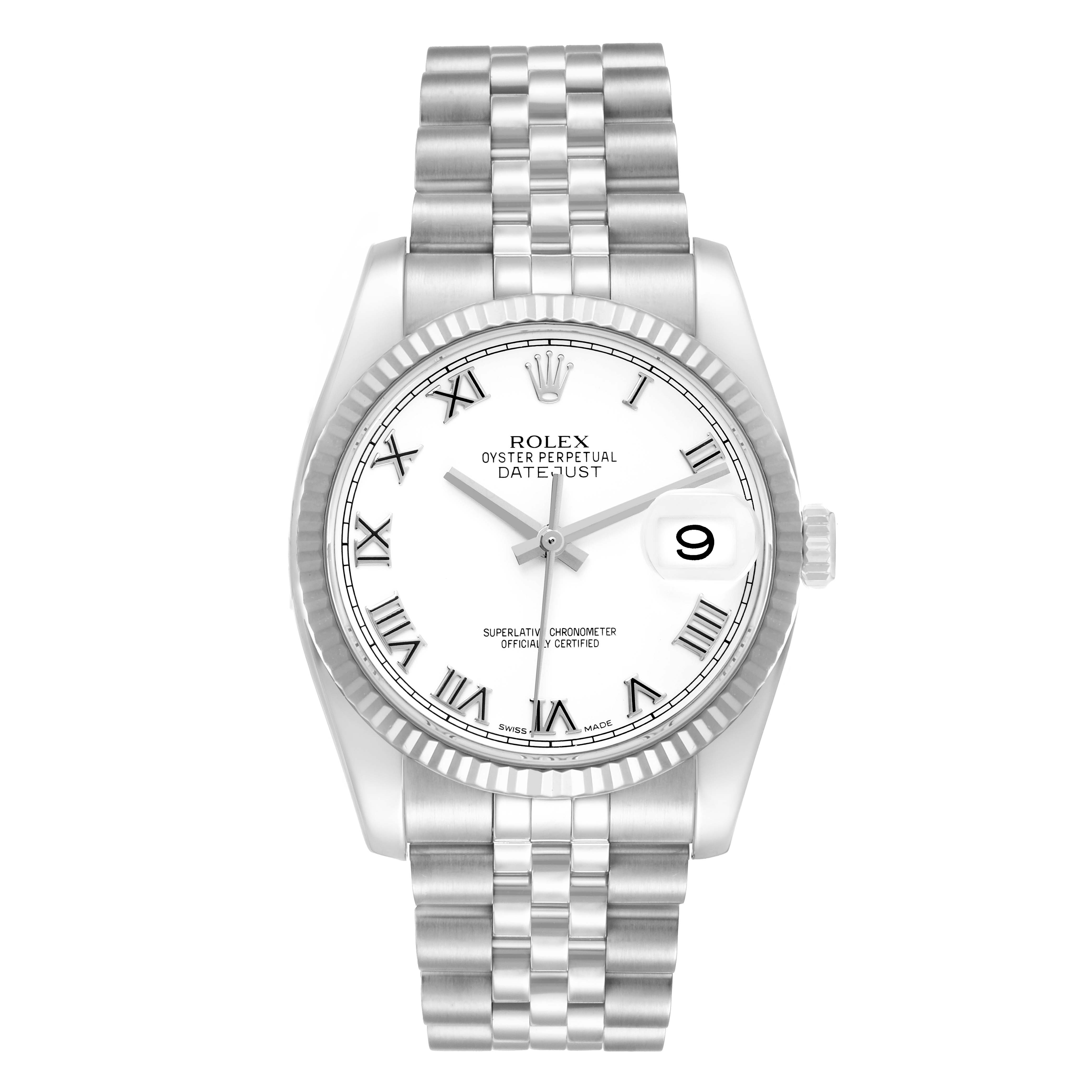The image shows a frontal view of a Rolex Datejust 116234 Men
s Stainless Steel White Dial, highlighting its dial, bezel, bracelet, and date magnifier.