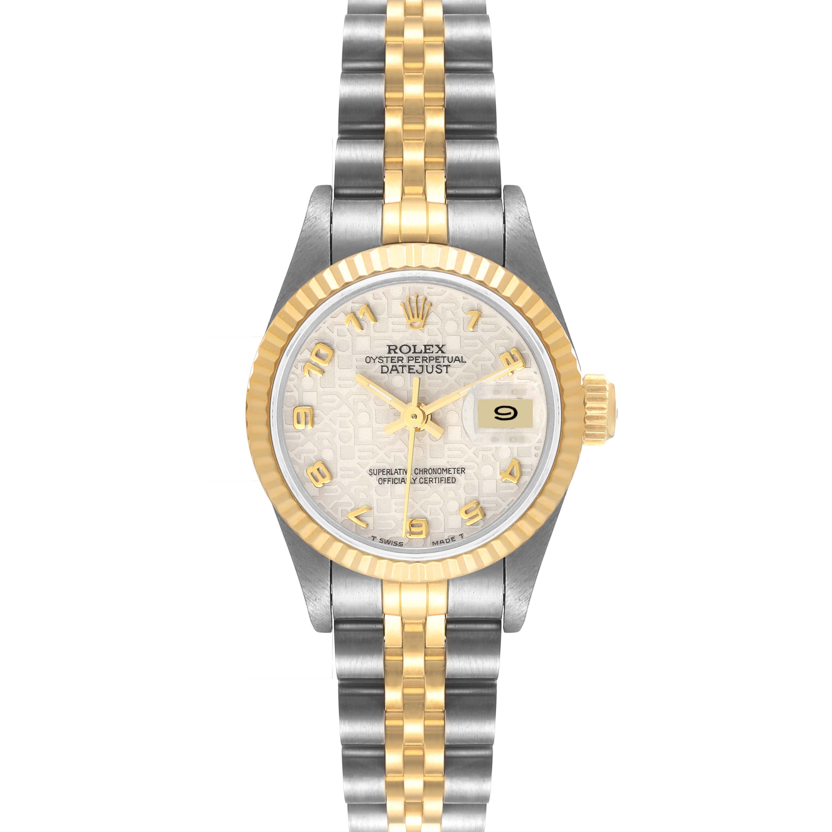 The image shows a Rolex Datejust 69173 Women's Steel and Gold (two tone) Beige Dial 69173 Women's Steel and Gold (two tone) Beige Dial watch from a front view, highlighting its two-tone bracelet, fluted bezel, and date display.