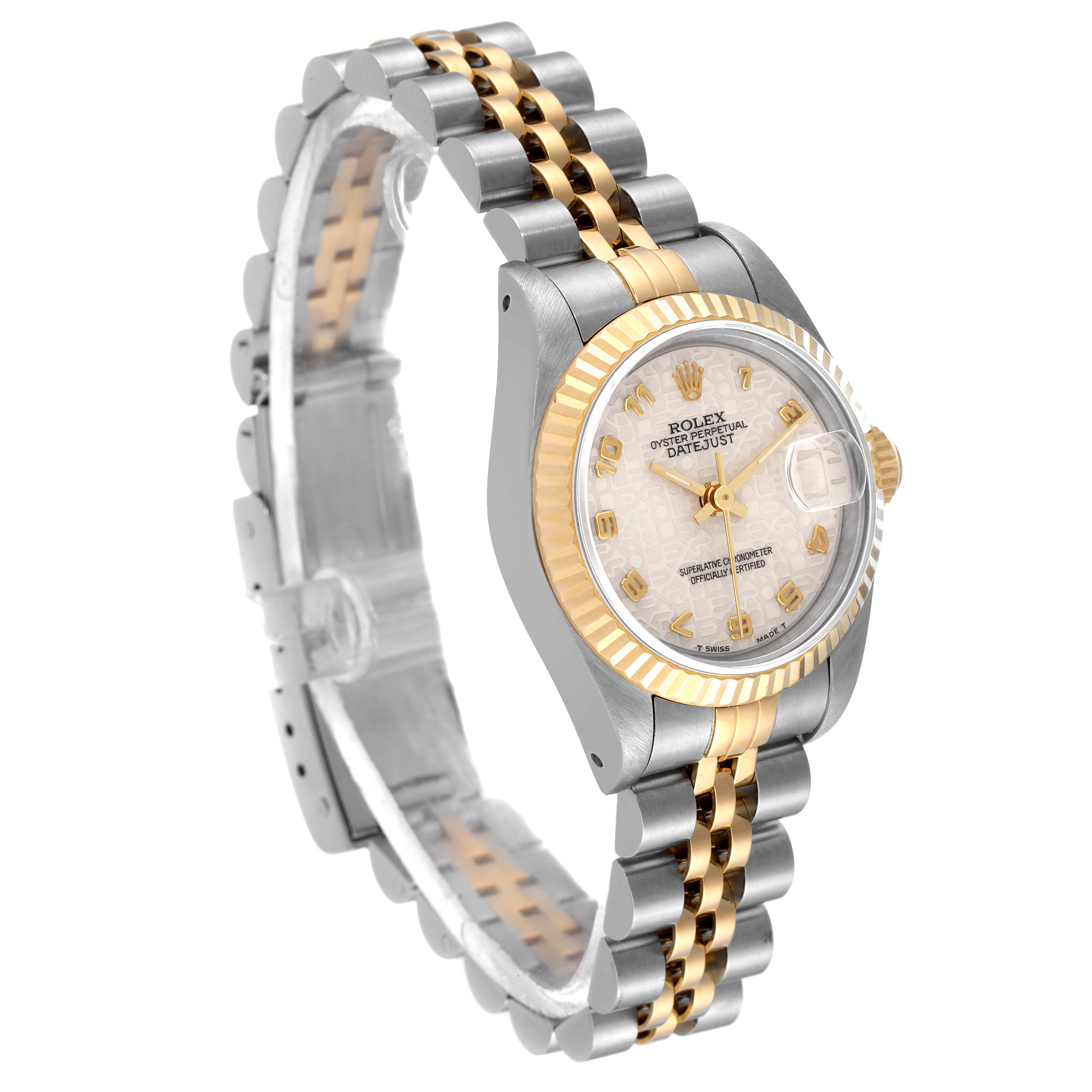 This image shows a Rolex Datejust 69173 Women's Steel and Gold (two tone) Beige Dial 69173 Women's Steel and Gold (two tone) Beige Dial watch at a three-quarter angle, featuring a two-tone metal bracelet, fluted bezel, and dial.