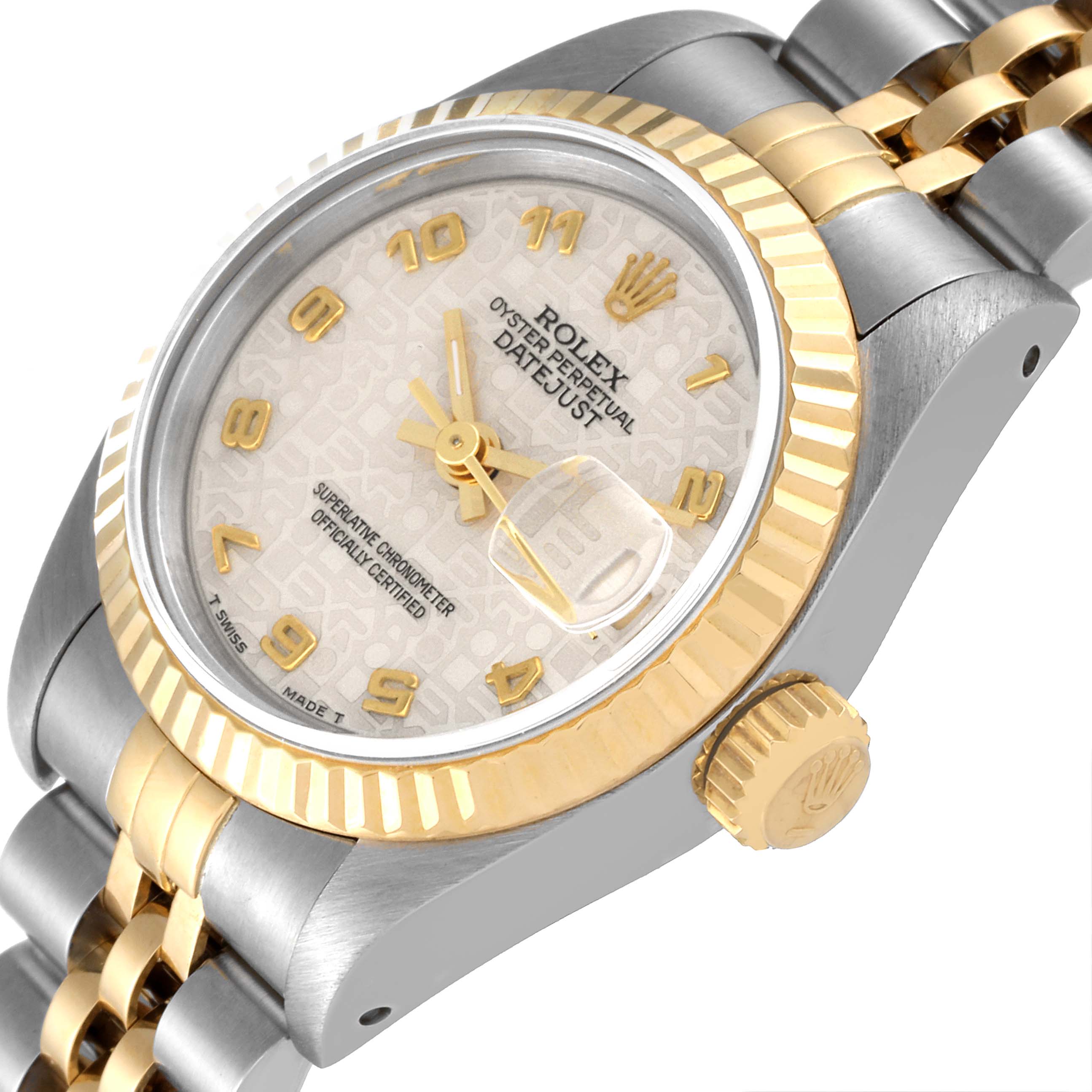 The image shows a close-up angled view of the dial, crown, and part of the bracelet of a Rolex Datejust 69173 Women's Steel and Gold (two tone) Beige Dial 69173 Women's Steel and Gold (two tone) Beige Dial watch.