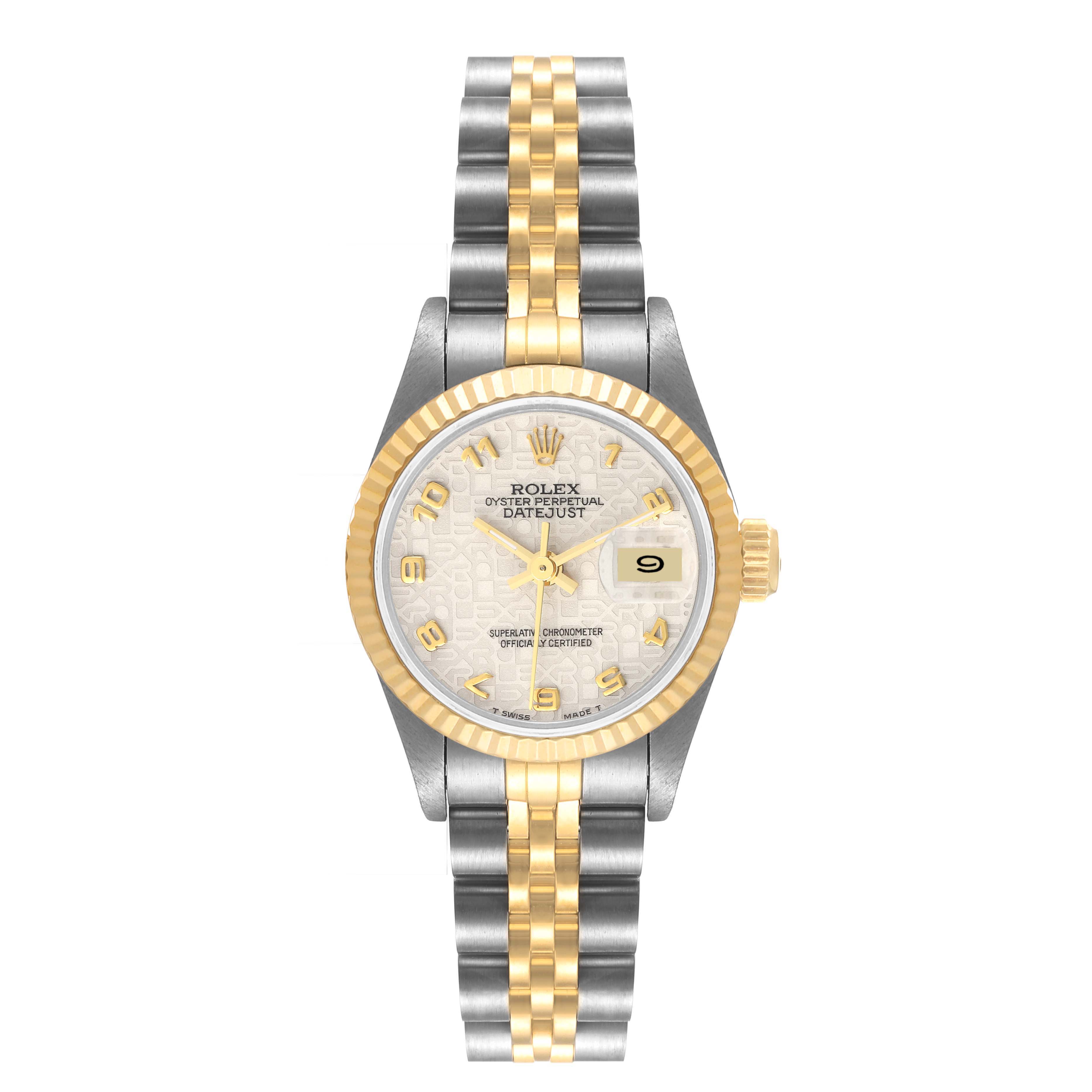 The image shows a Rolex Datejust 69173 Women's Steel and Gold (two tone) Beige Dial 69173 Women's Steel and Gold (two tone) Beige Dial watch straight-on, featuring its face, bezel, crown, and jubilee bracelet.