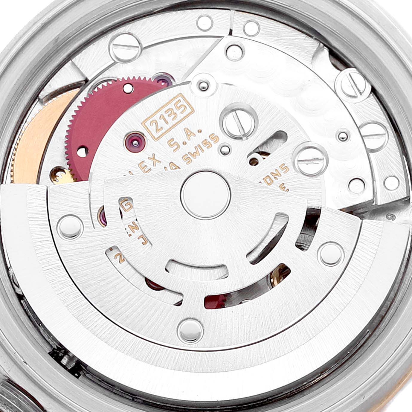 This image shows a close-up of the movement mechanism of a Rolex Datejust 69173 Women's Steel and Gold (two tone) Beige Dial 69173 Women's Steel and Gold (two tone) Beige Dial watch from an internal angle.