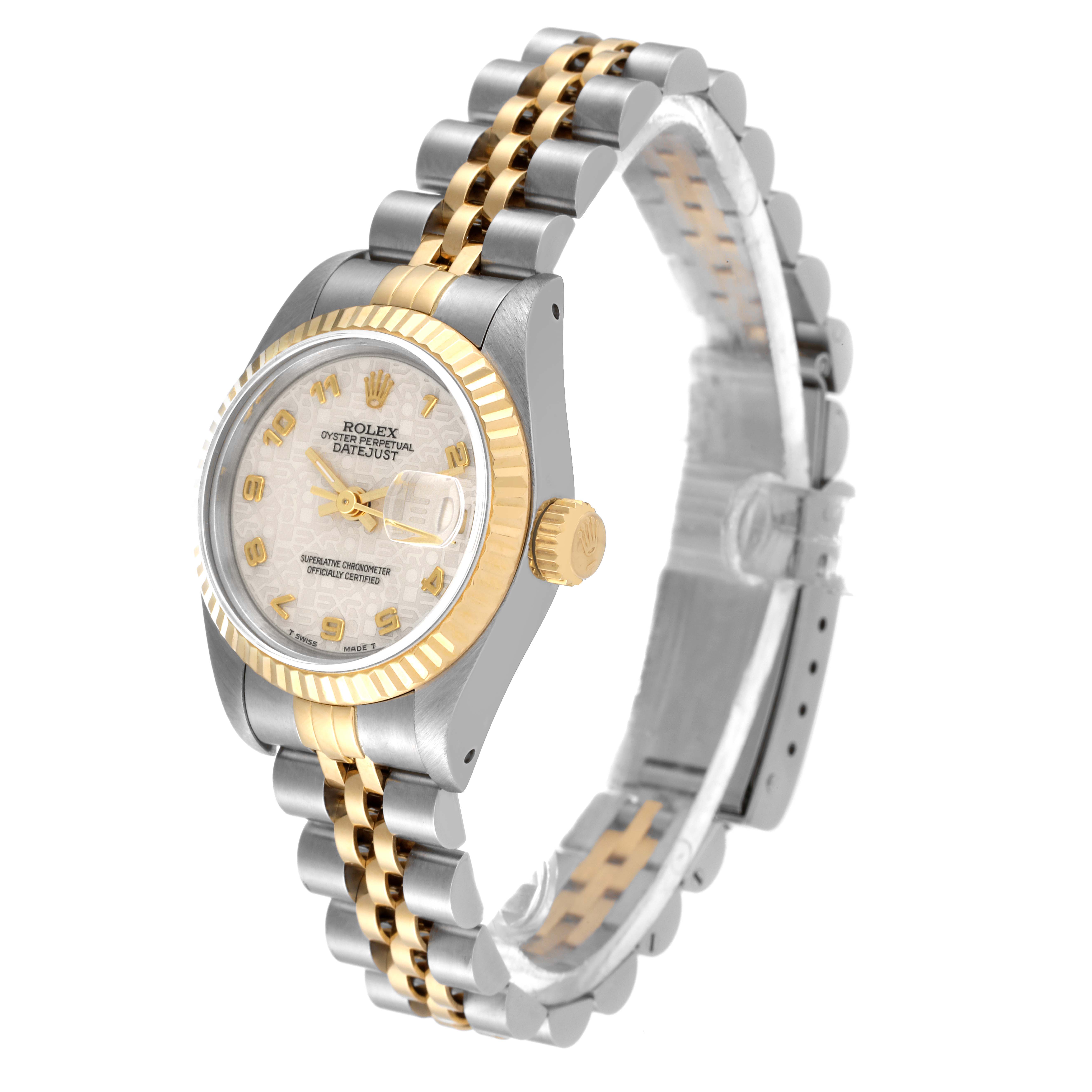 This image shows a side angle of the Rolex Datejust 69173 Women's Steel and Gold (two tone) Beige Dial 69173 Women's Steel and Gold (two tone) Beige Dial watch, highlighting its face, crown, and bracelet.