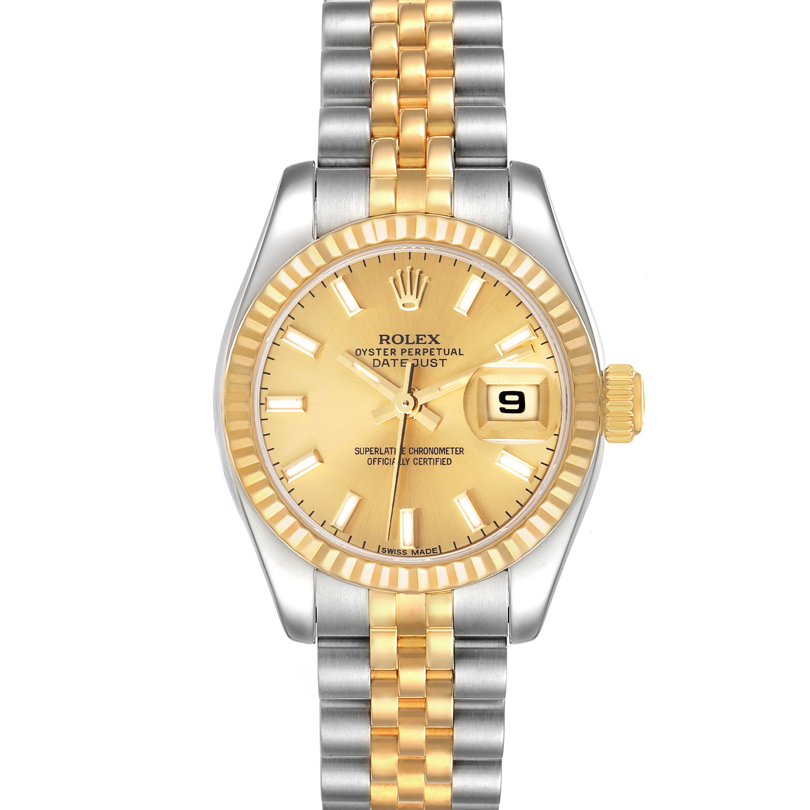 This image shows a frontal view of the Rolex Datejust 179173 Women's Steel and Gold (two tone) Champagne Dial 179173 Women's Steel and Gold (two tone) Champagne Dial watch, highlighting the gold dial, fluted bezel, and two-tone bracelet.