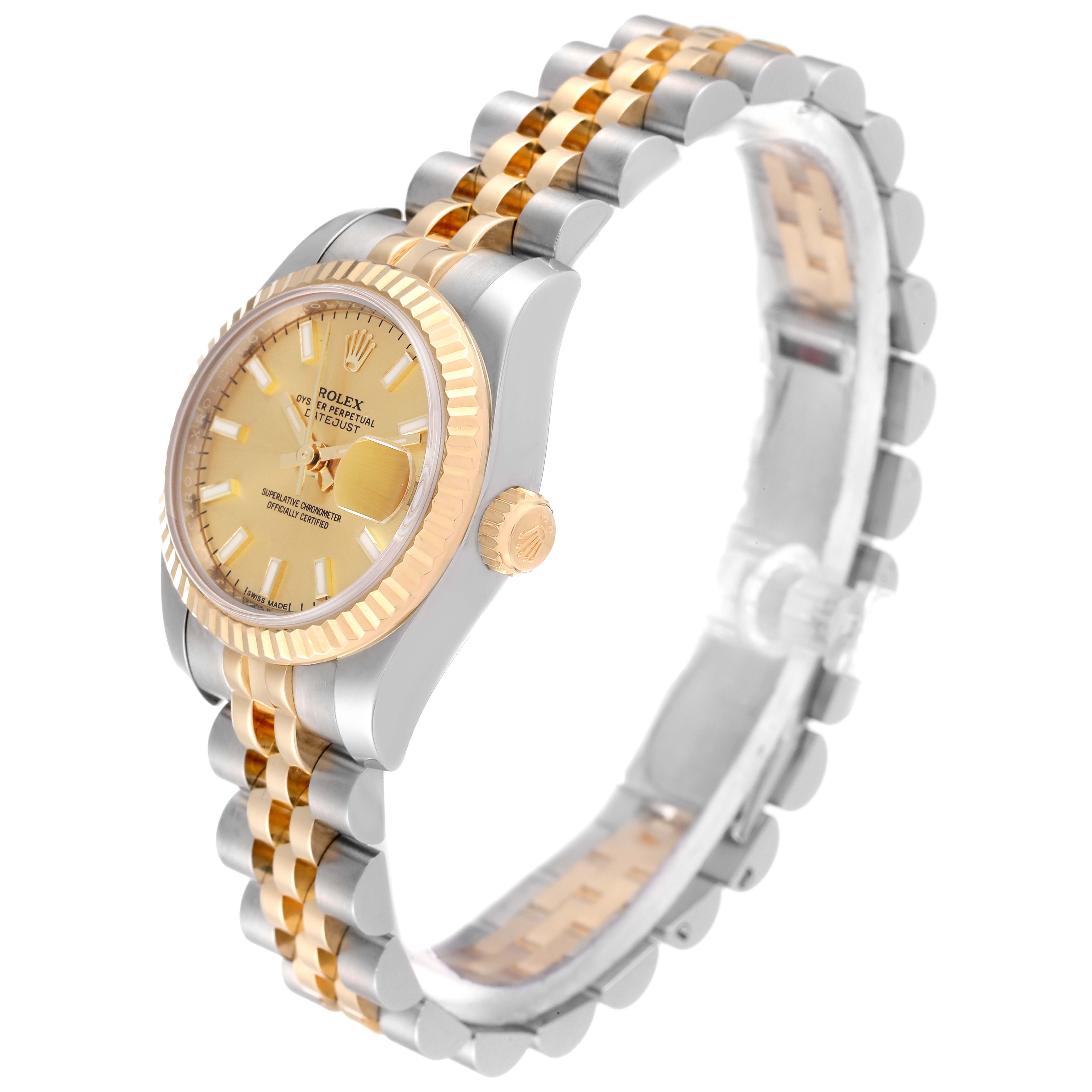 This image shows a side and front angle of the Rolex Datejust 179173 Women's Steel and Gold (two tone) Champagne Dial 179173 Women's Steel and Gold (two tone) Champagne Dial watch, highlighting its gold dial, fluted bezel, and two-tone bracelet.