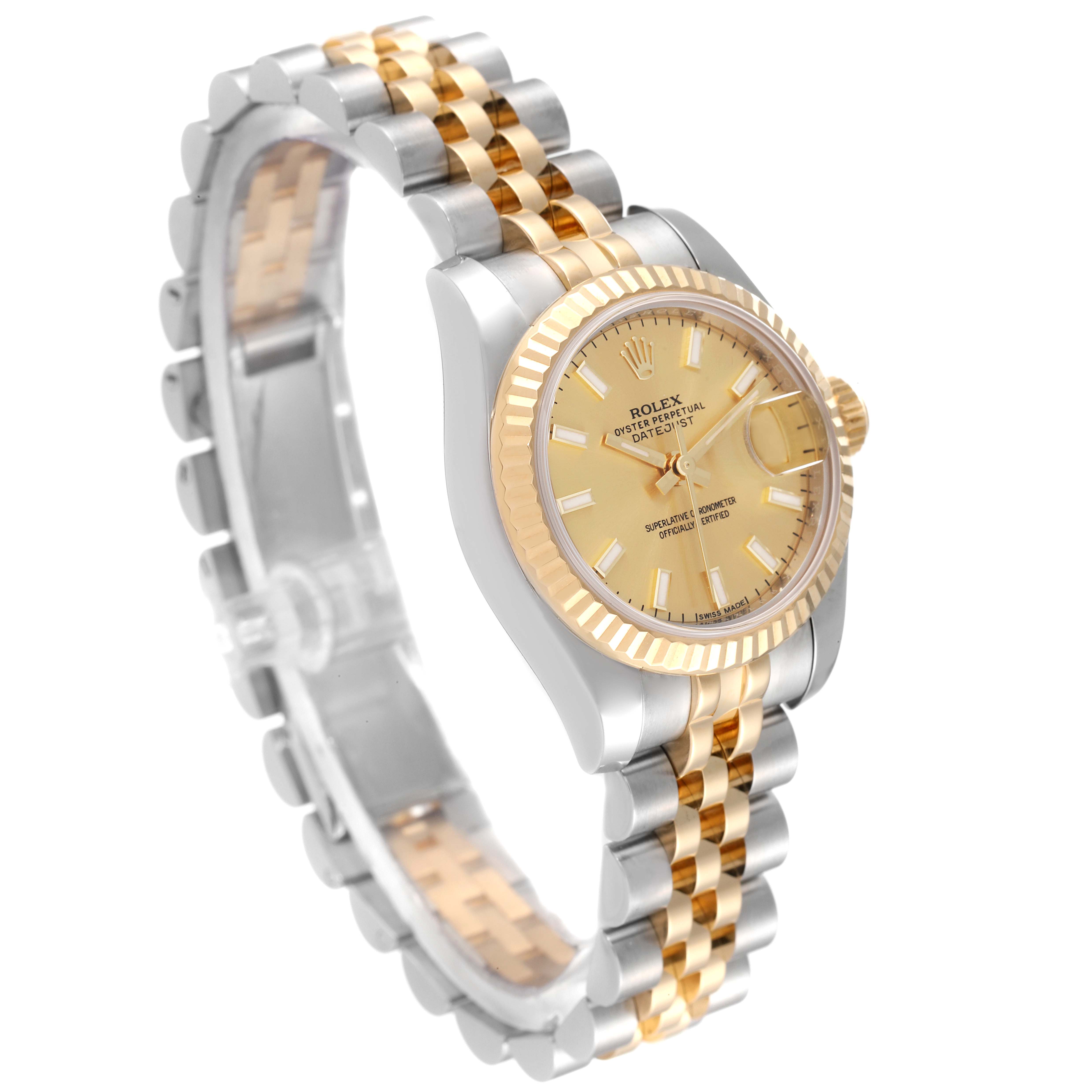 This image shows a Rolex Datejust 179173 Women's Steel and Gold (two tone) Champagne Dial 179173 Women's Steel and Gold (two tone) Champagne Dial watch at a side angle, displaying its dial, bezel, and two-tone bracelet.
