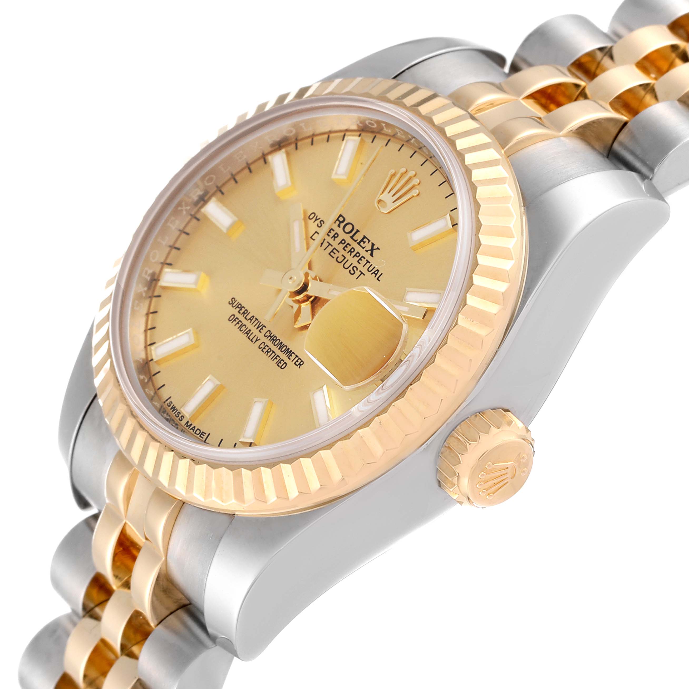 The image shows a close-up, side angle of a Rolex Datejust 179173 Women's Steel and Gold (two tone) Champagne Dial 179173 Women's Steel and Gold (two tone) Champagne Dial watch, highlighting the gold dial, bezel, crown, and part of the bracelet.